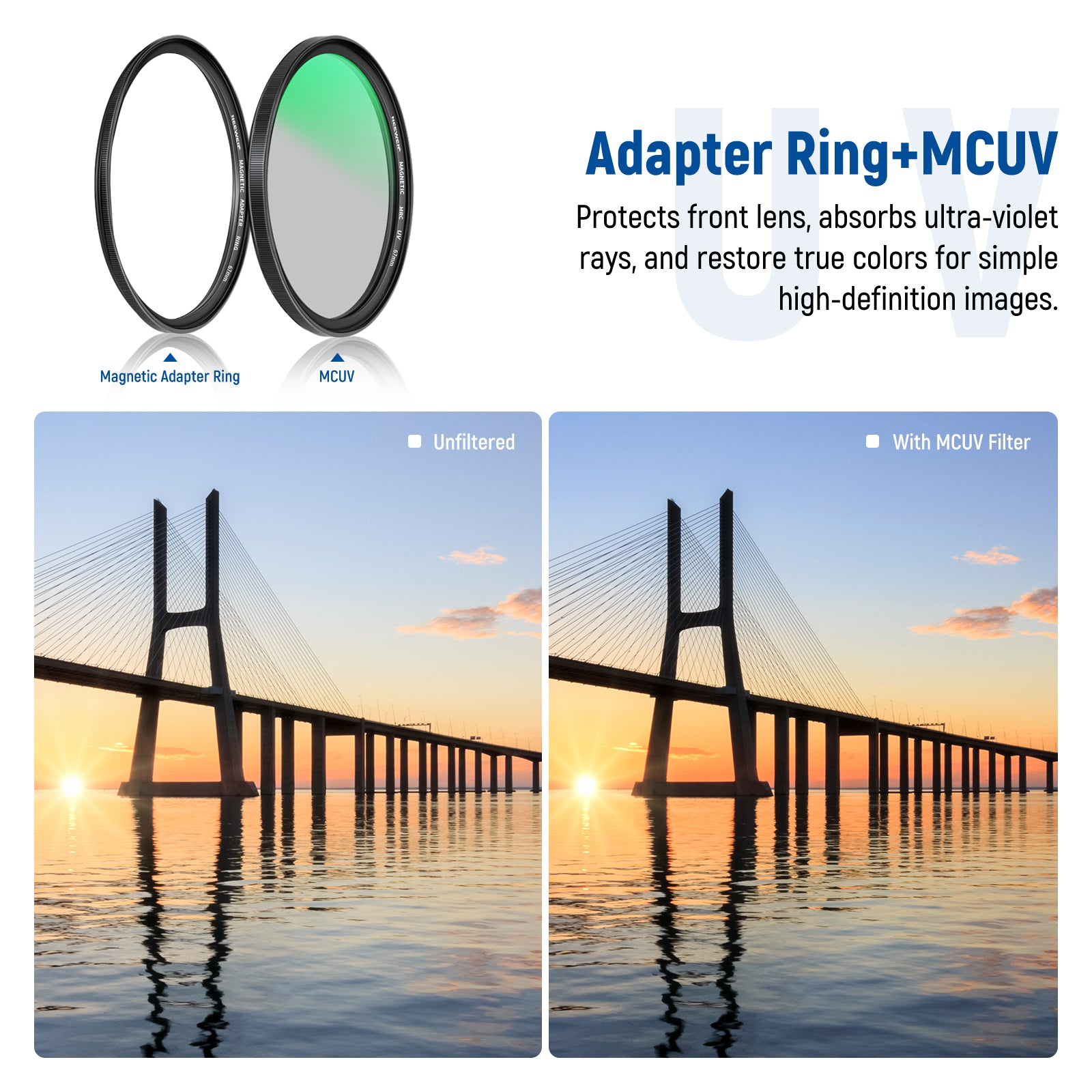 The MCUV filter reduces ultraviolet light and eliminates the bluish cast in photos.