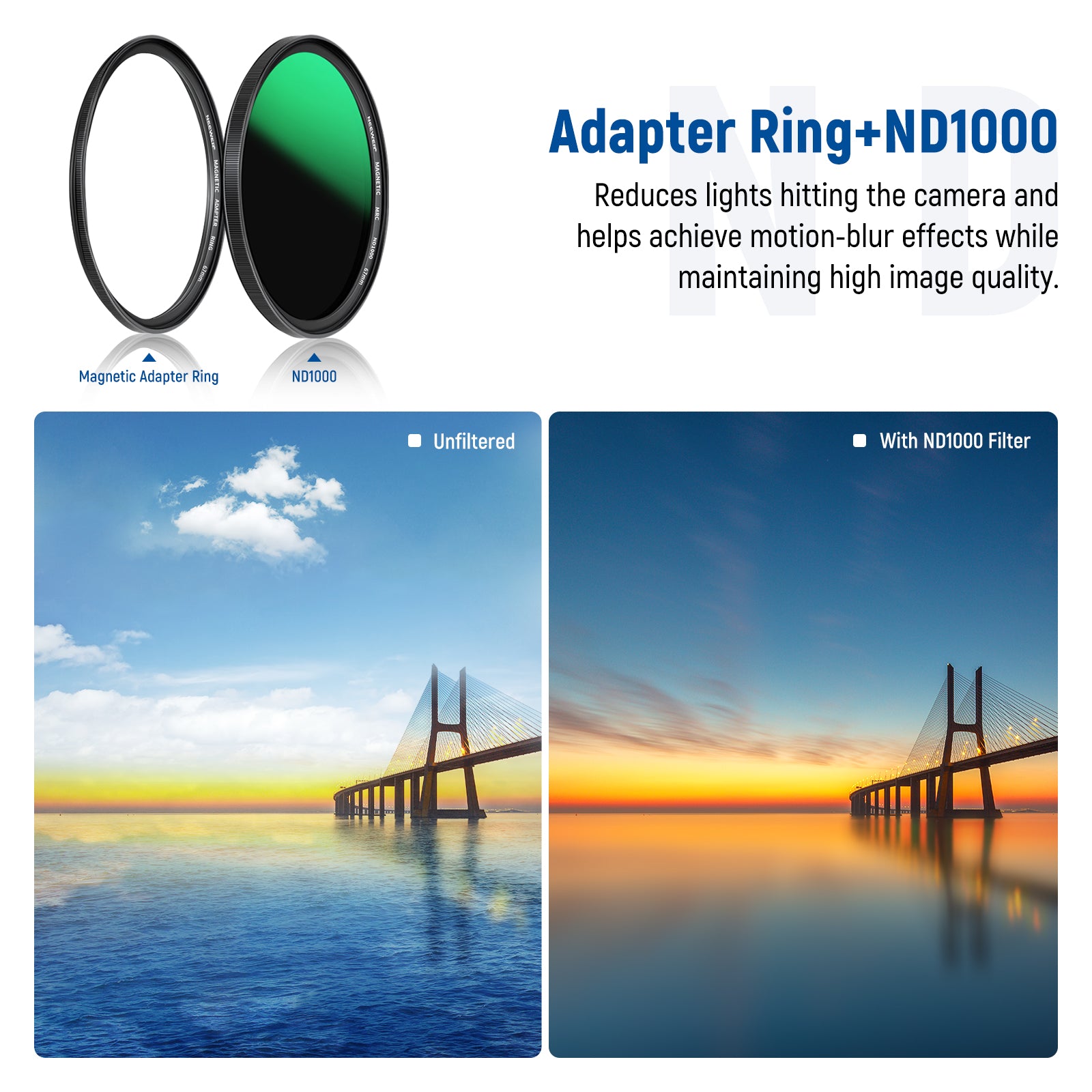 The ND1000 filter provides 10 stops of light reduction.