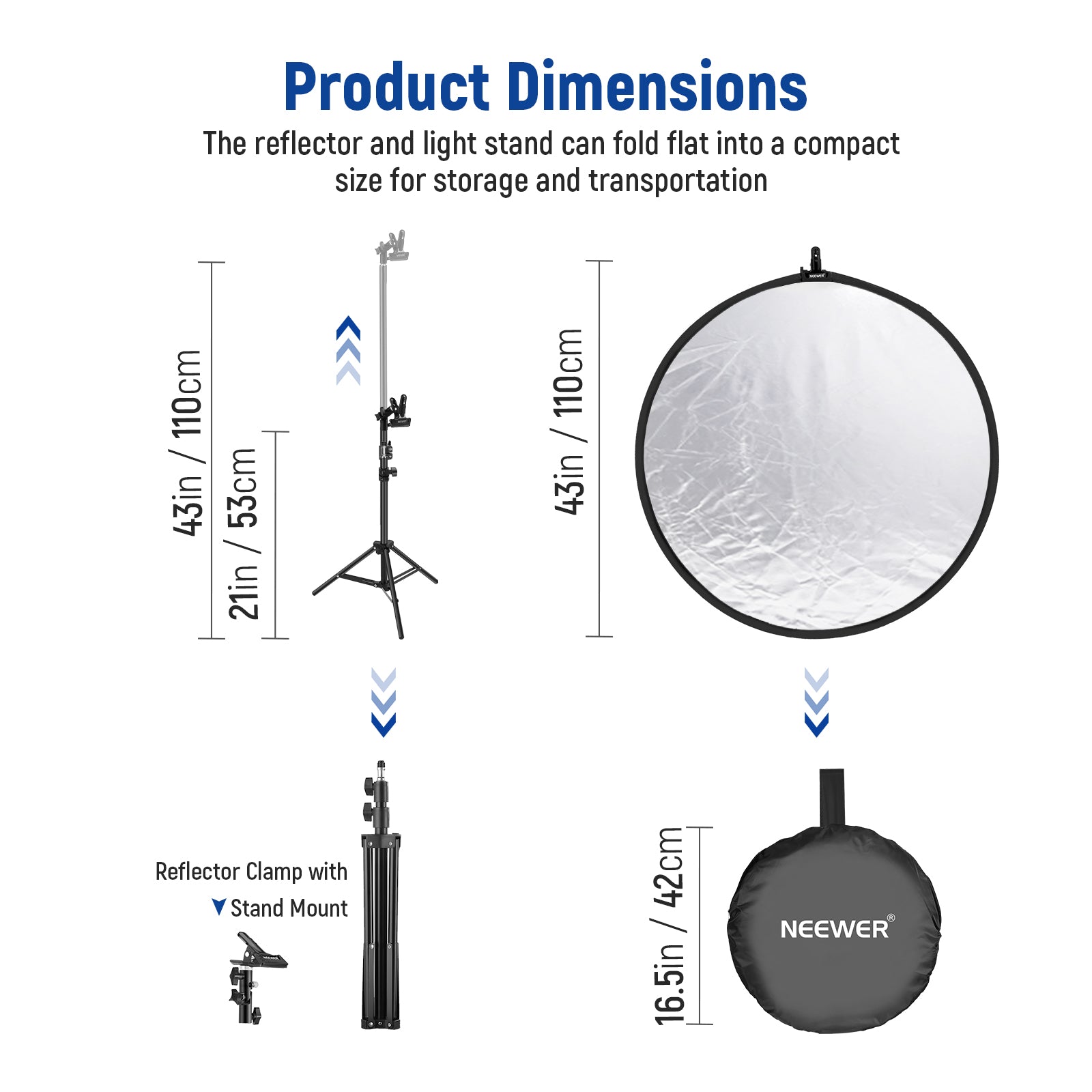 Product dimensions of the NEEWER 43”/110cm Light Reflector with Metal Clamp and Stand