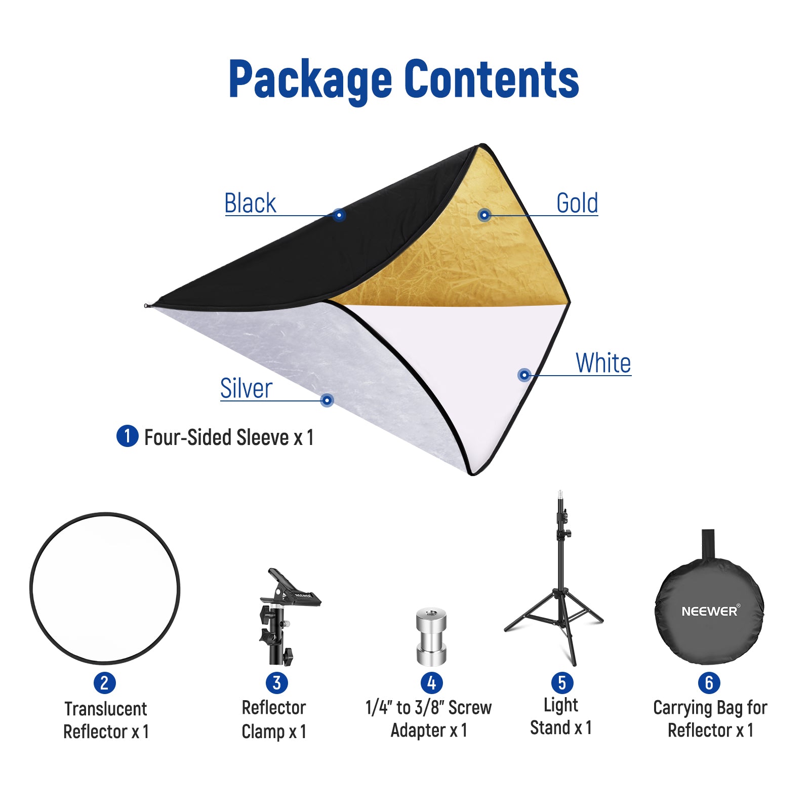 Package Contents of the NEEWER 43”/110cm Light Reflector with Metal Clamp and Stand