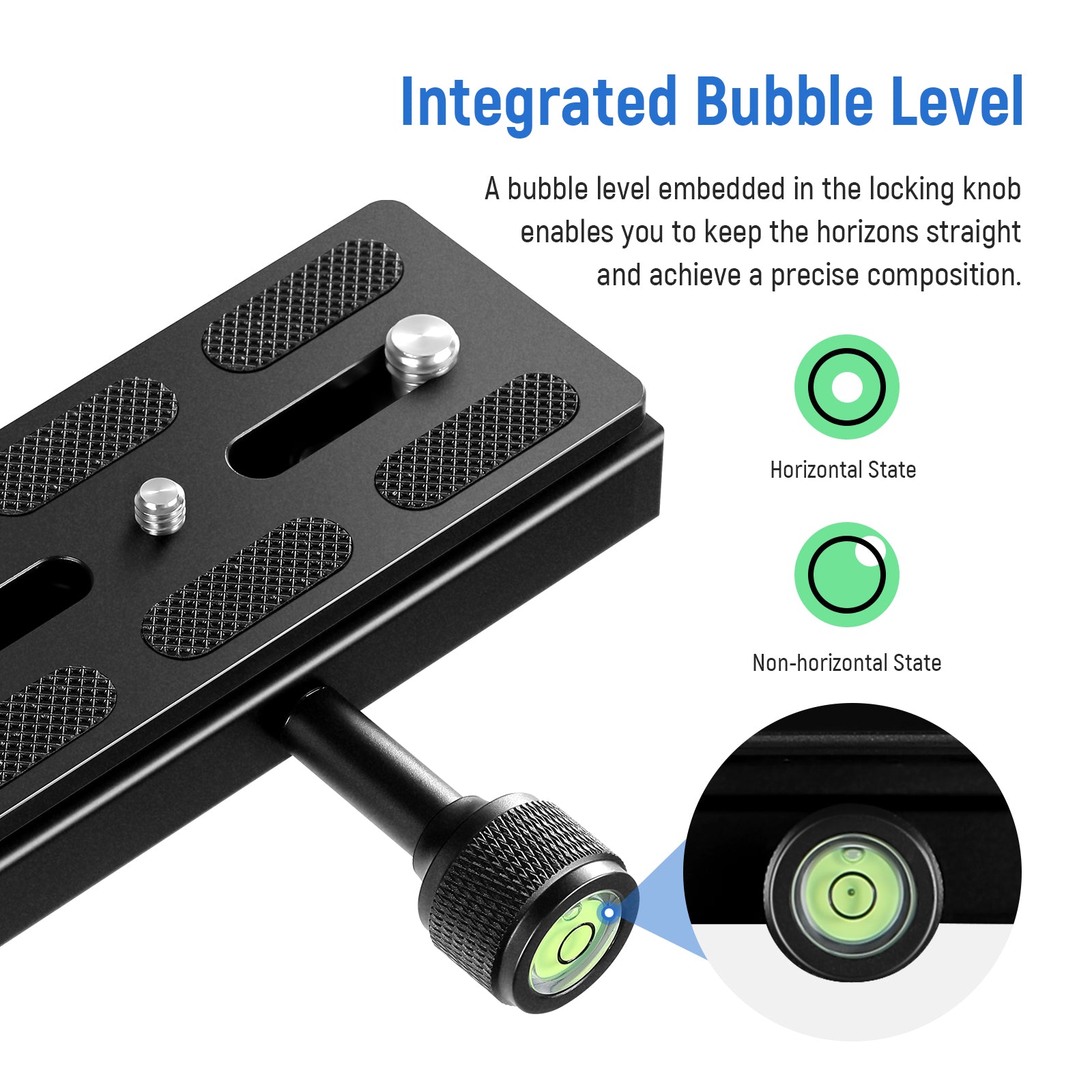 A locking knob secures the plate in seconds