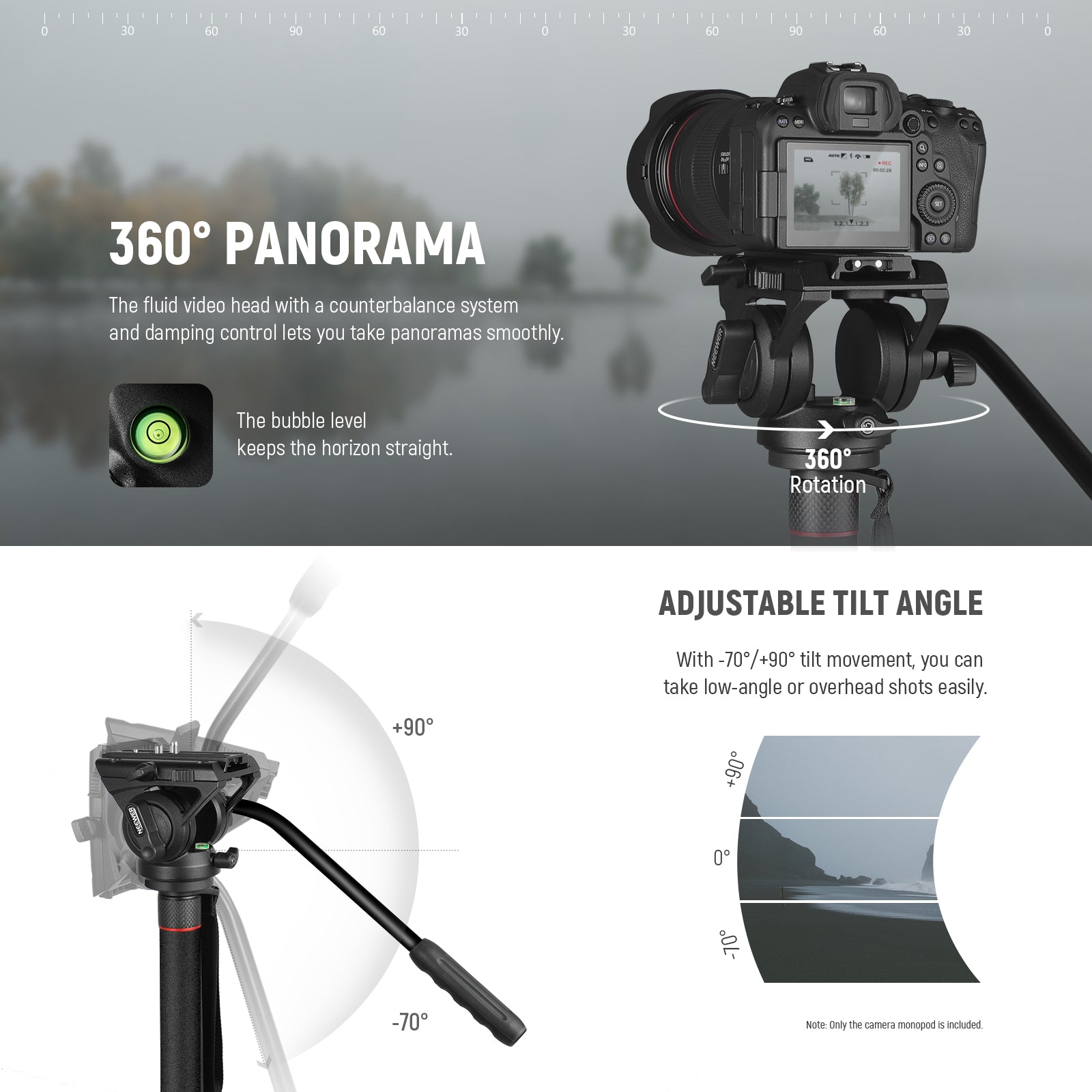 NEEWER GM76 Professional Camera Monopod is designed with 360° pan and -70°/+90° tilt movement
