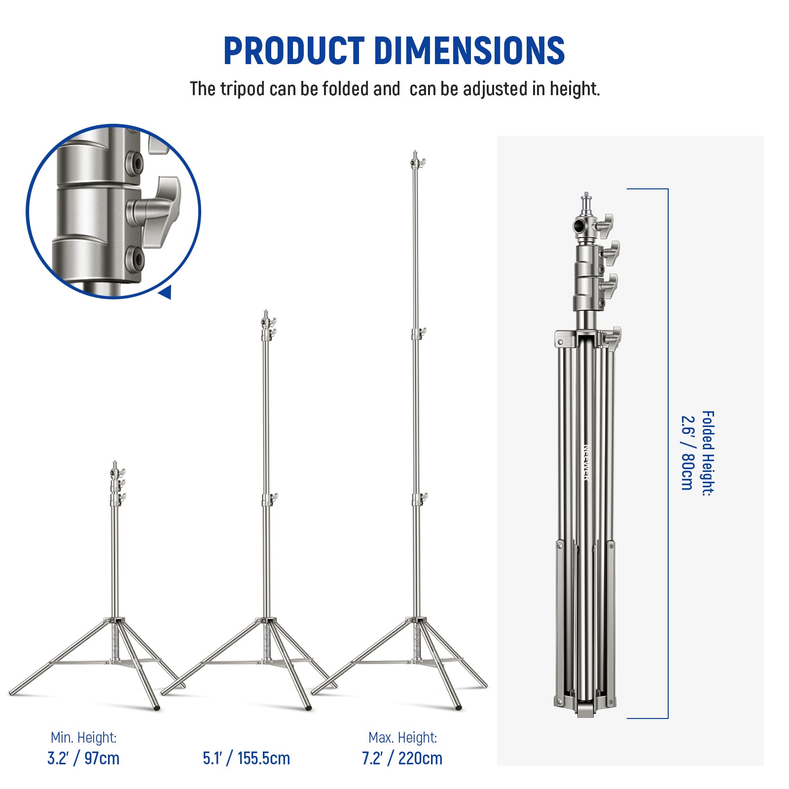 Product dimensions of the NEEWER Stainless Steel Adjustable Light Stand