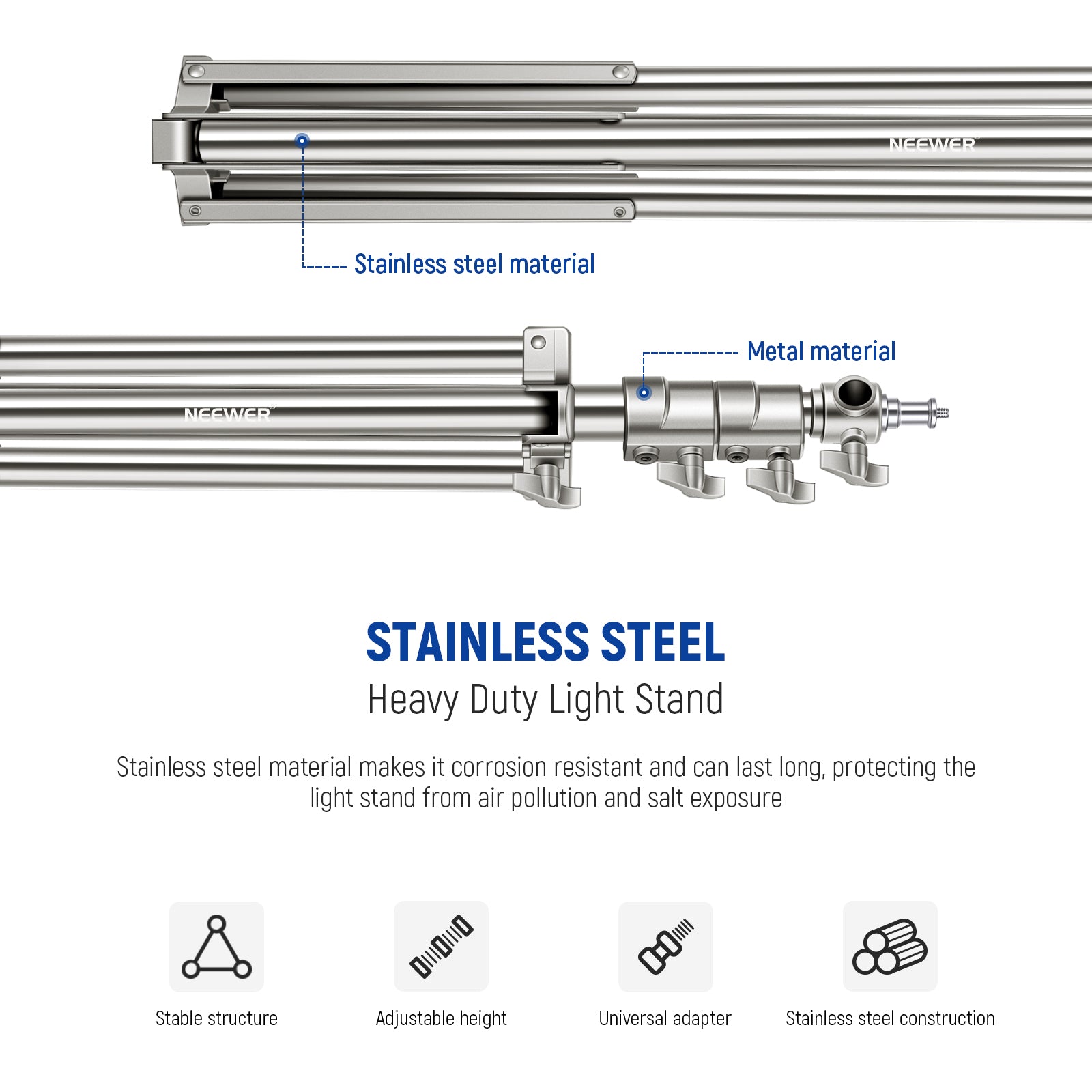 NEEWER ST-220SS Adjustable Light Stand is made of stainledd steel material