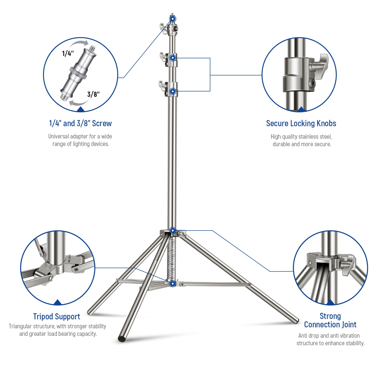 Product detail of the NEEWER ST-220SS Stainless Steel Adjustable Light Stand