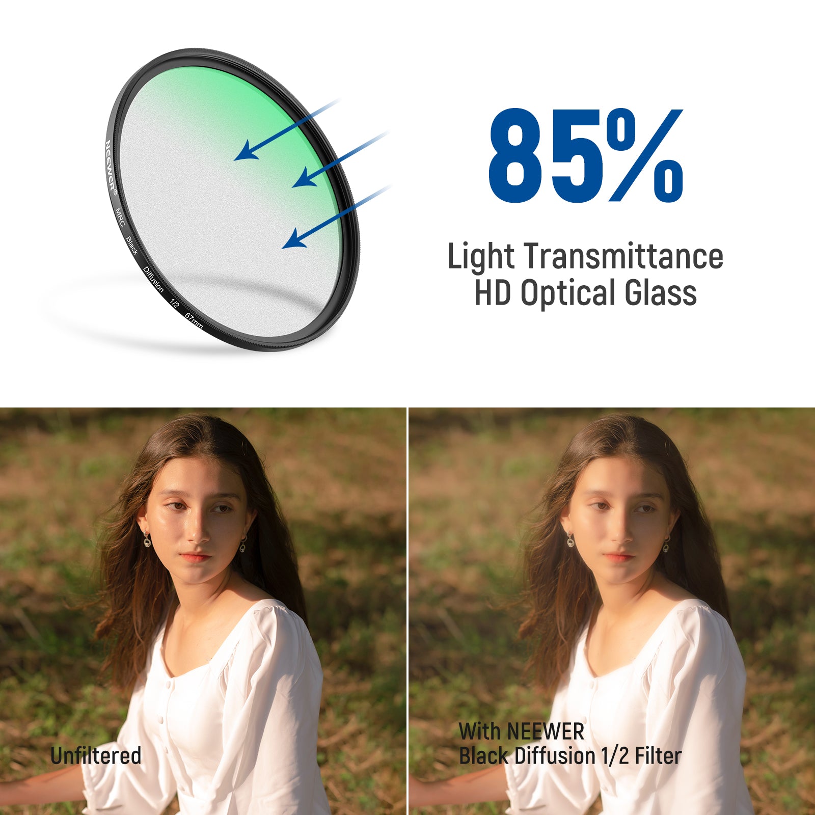 NEEWER Black Diffusion 1/2 Filter provides an effective and more pronounced halo to the image