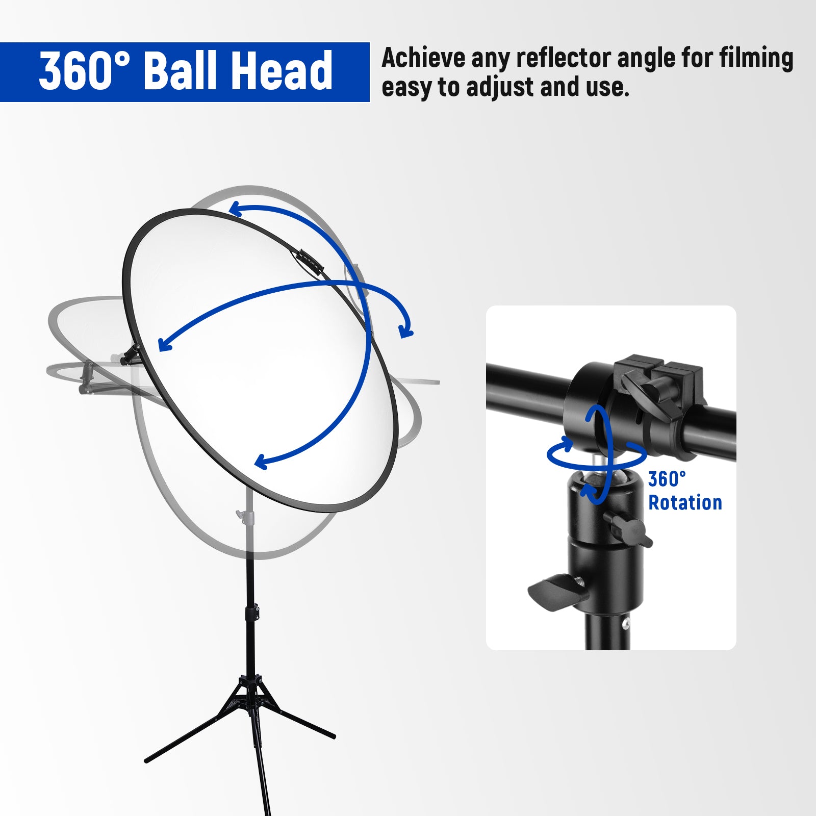 The NEEWER Extendable Reflector Holder Arm features a 360-degree ball head.