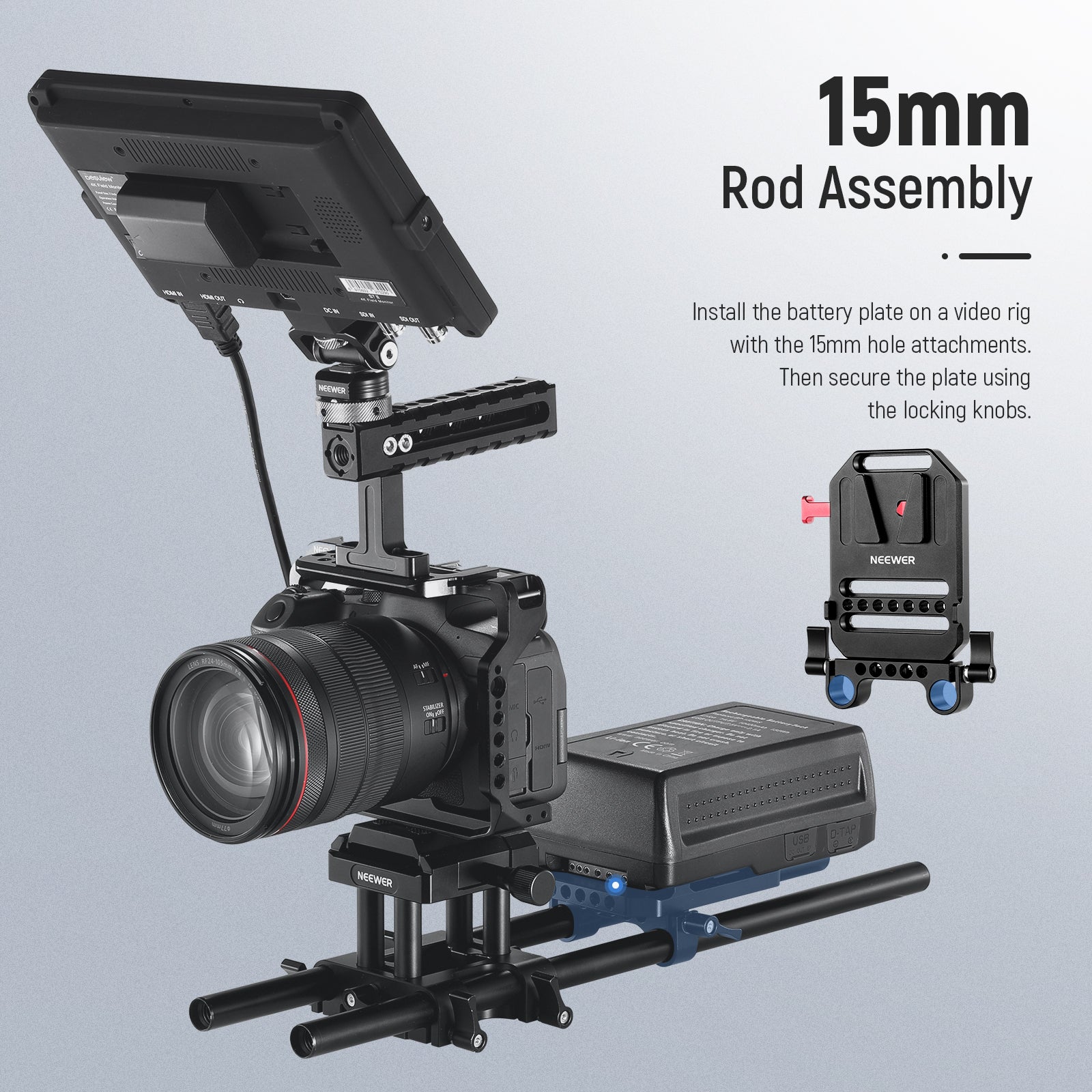 With universal 15mm rod clamps, you can easily attach the V mount battery plate to a camera rig