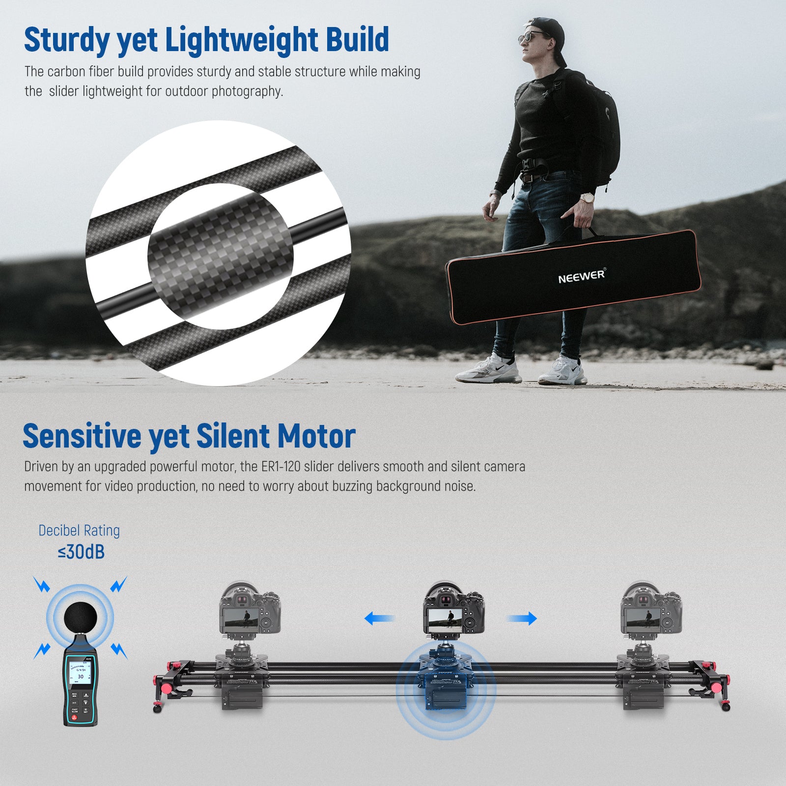 NEEWER ER1 Motorized Camera Slider is sturdy yet lightweight.