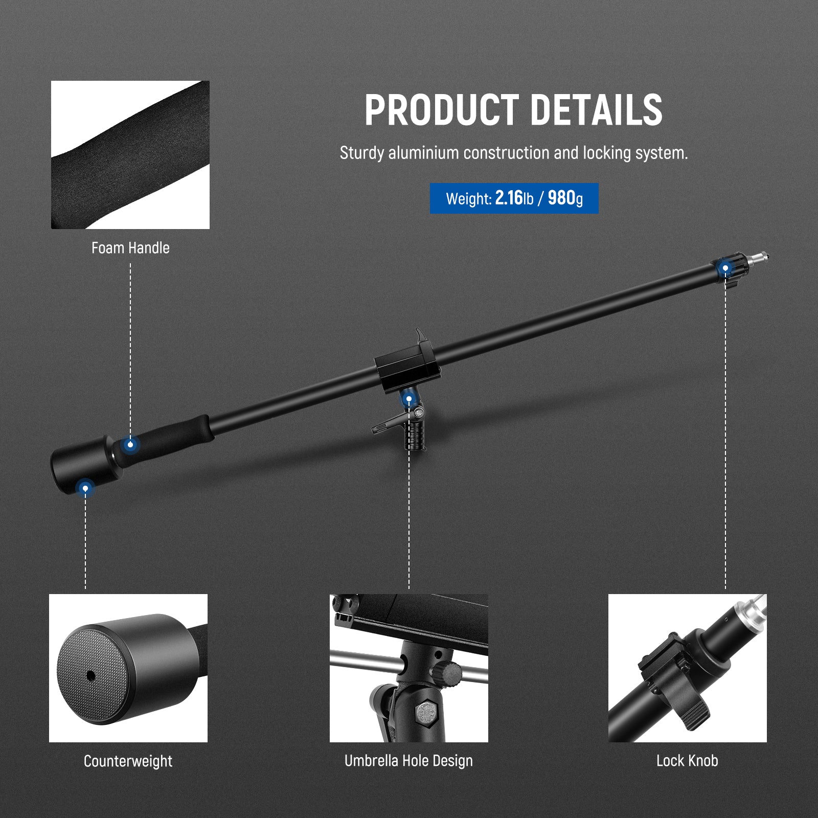 Product details of the NEEWER 90-160cm Tripod Boom Arm