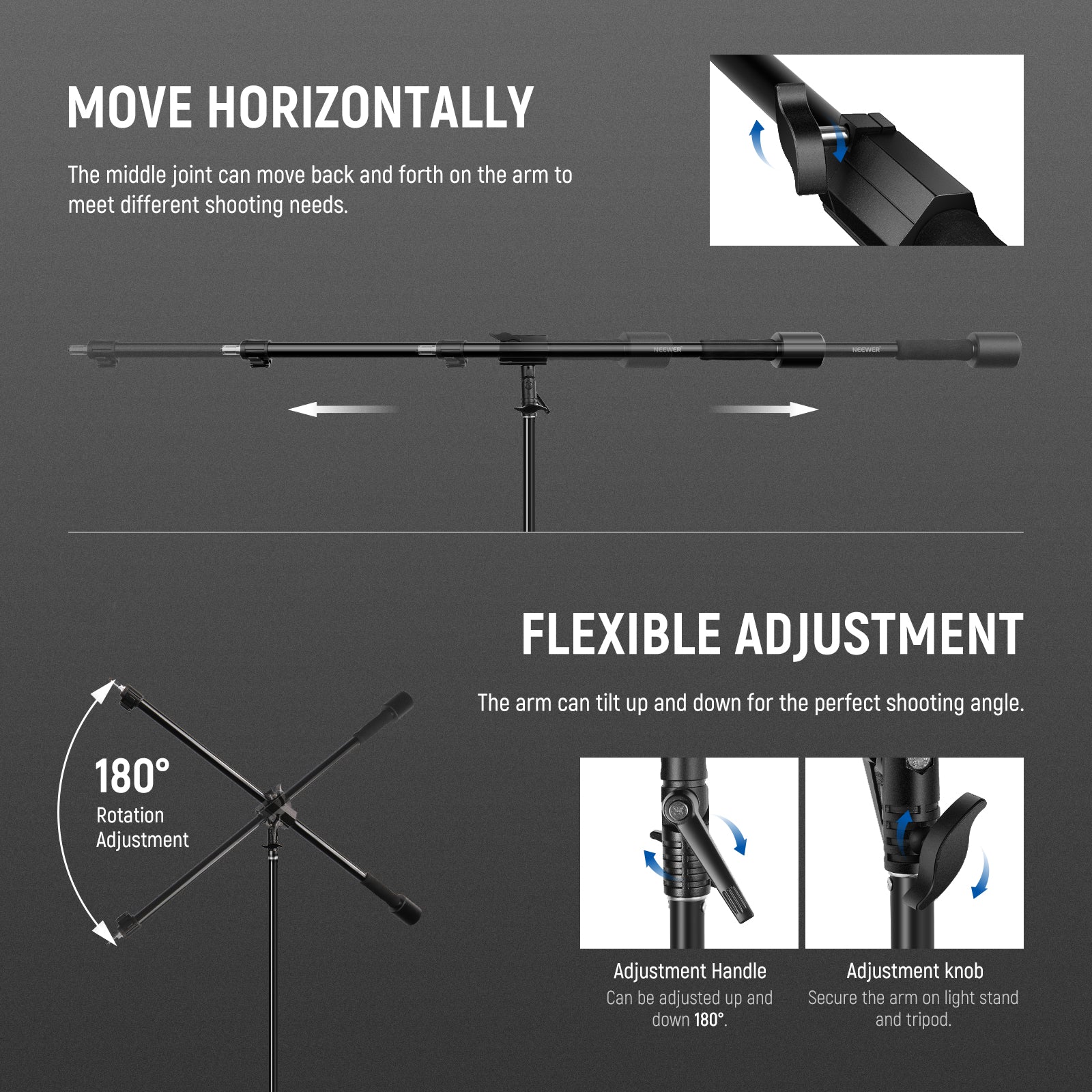 NEEWER 90-160cm Tripod Boom Arm can tilt up and down for the perfect shooting angle.