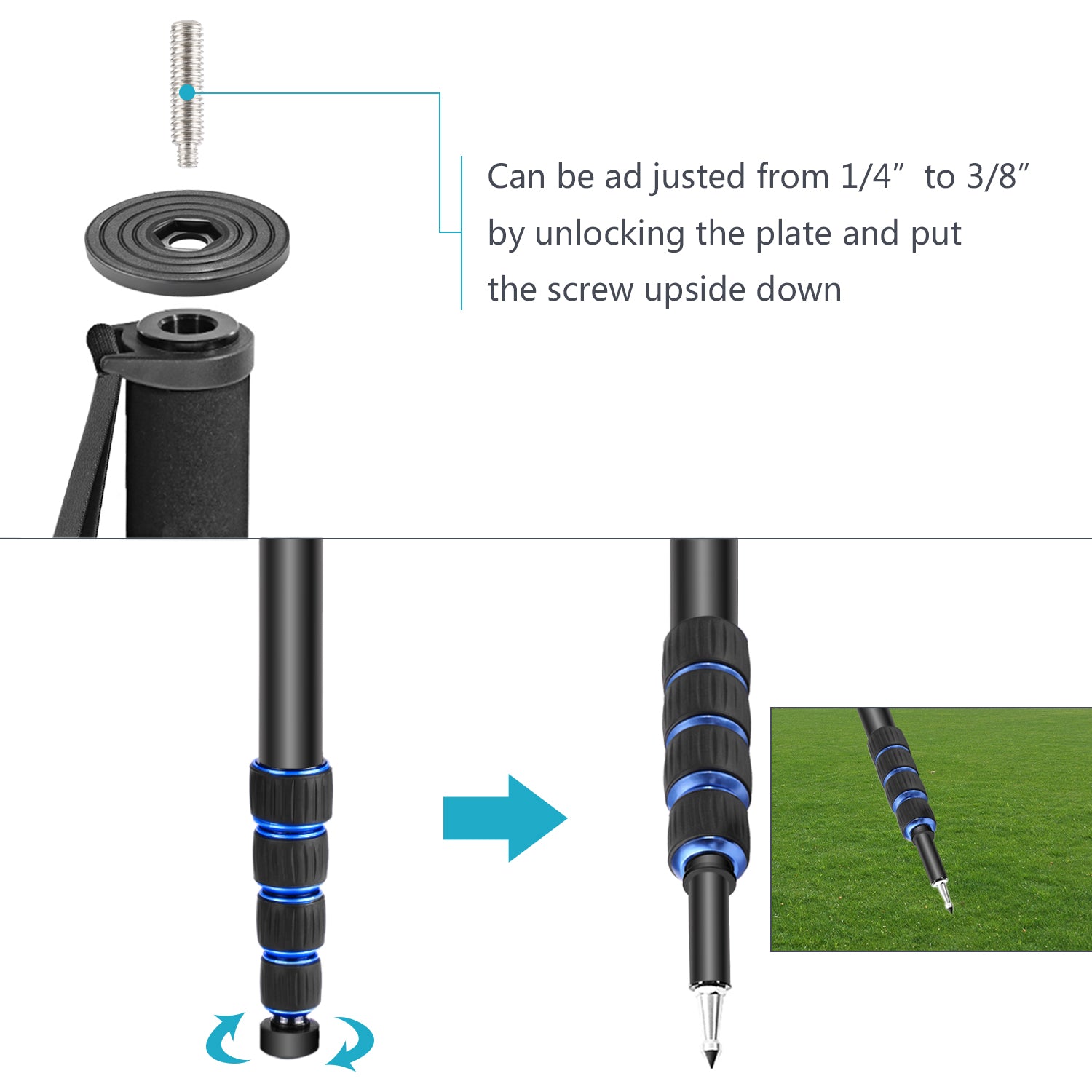 NEEWER T222 Extendable Camera Monopod can be adjusted from 1/4" to 3/8"