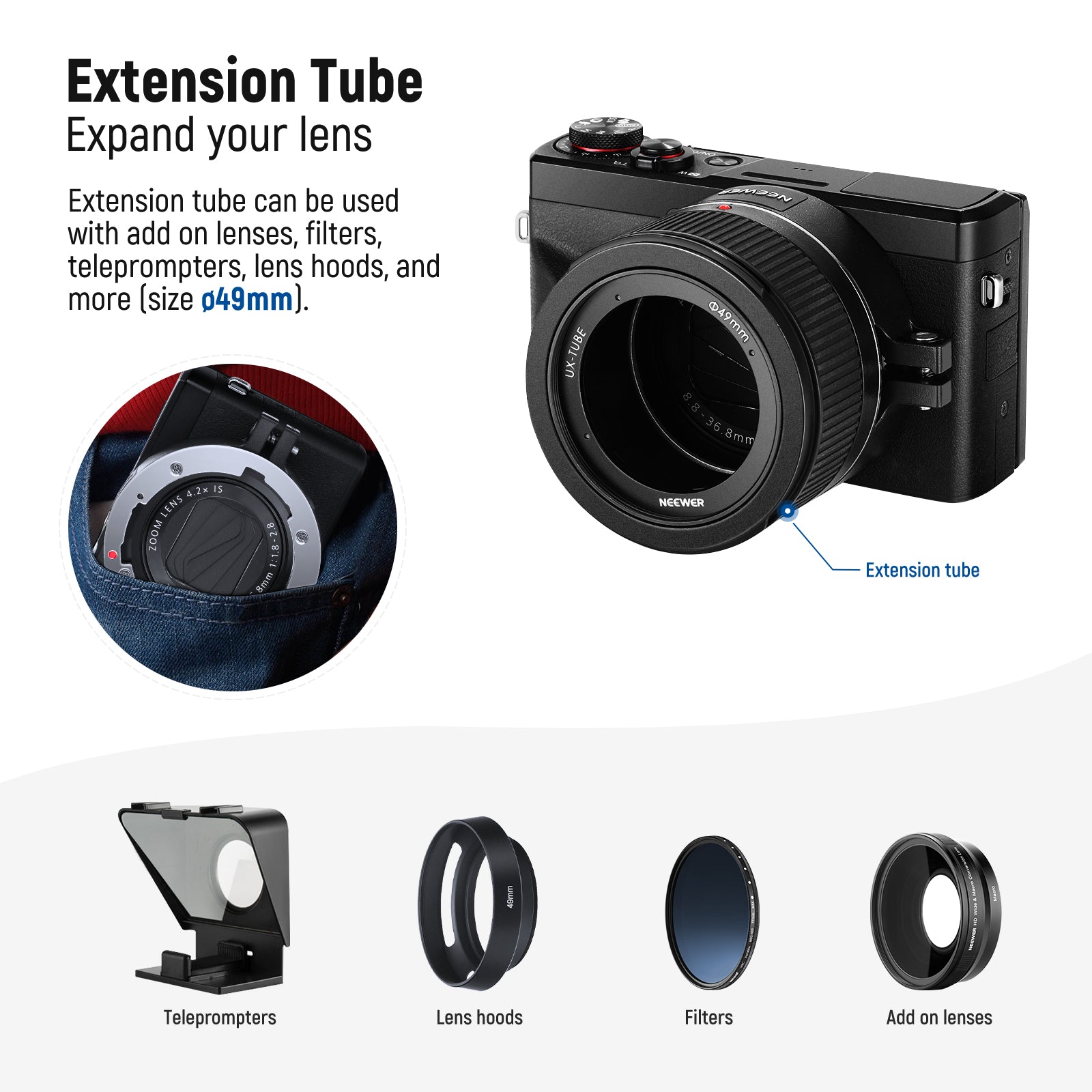 Professional Extension Tube can be used with add on lenses, filters, and more.