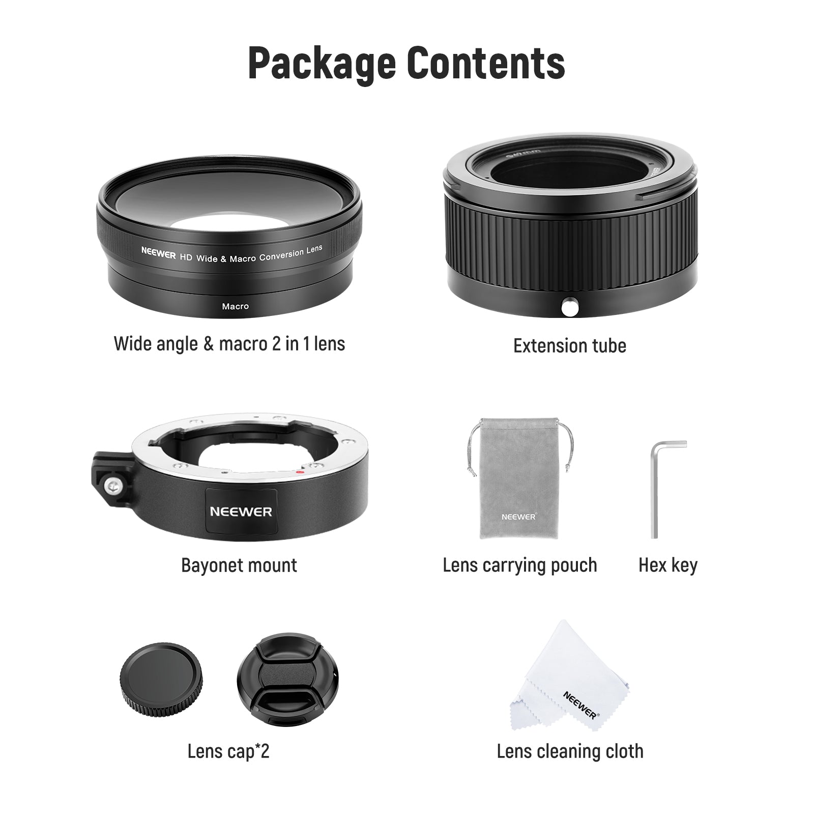 Package Contents of the NEEWER 2-in-1 10x Macro&Wide Angle Lens for Canon G7X Mark III