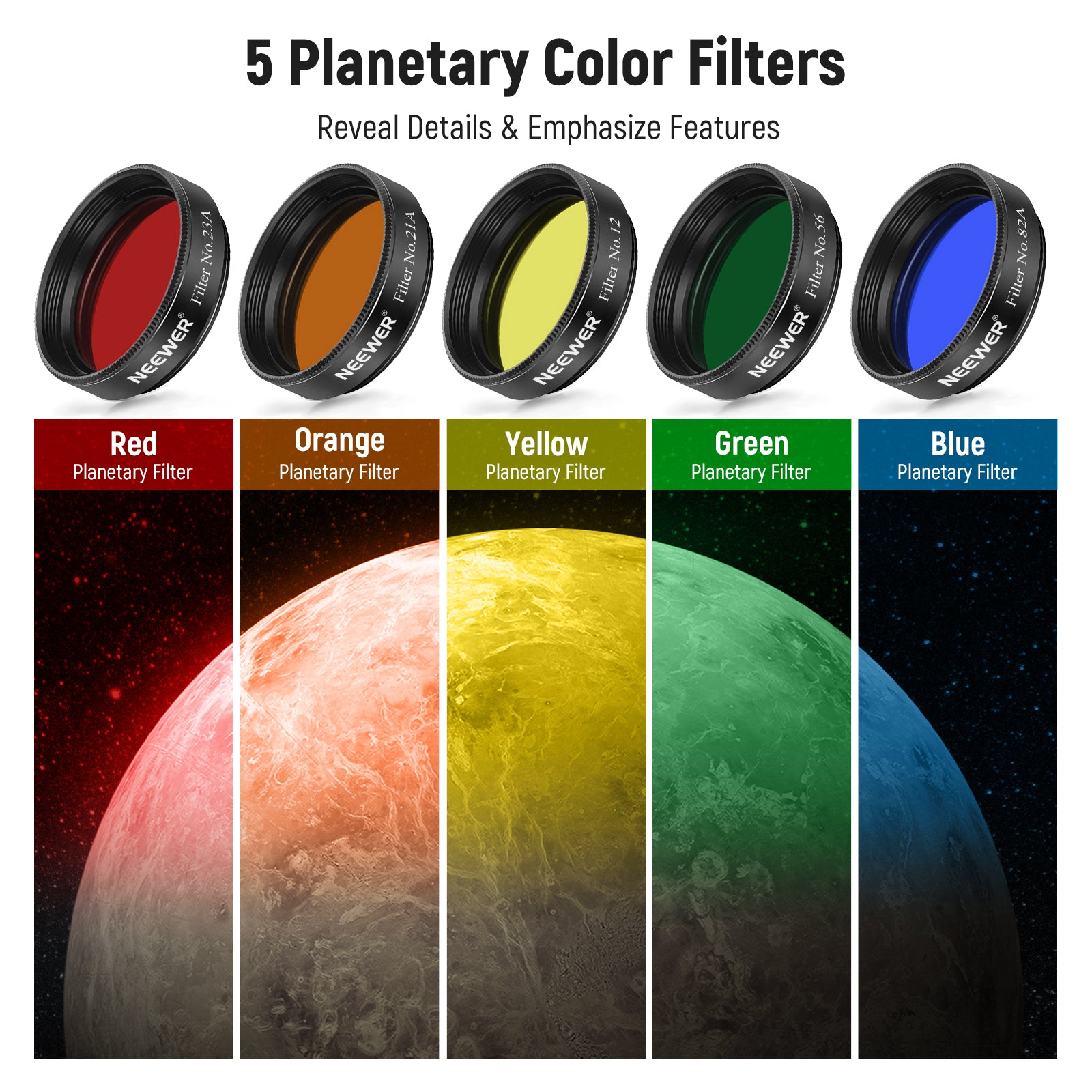 This telescope eyepiece filter set includes 5 Planetary Color Filter