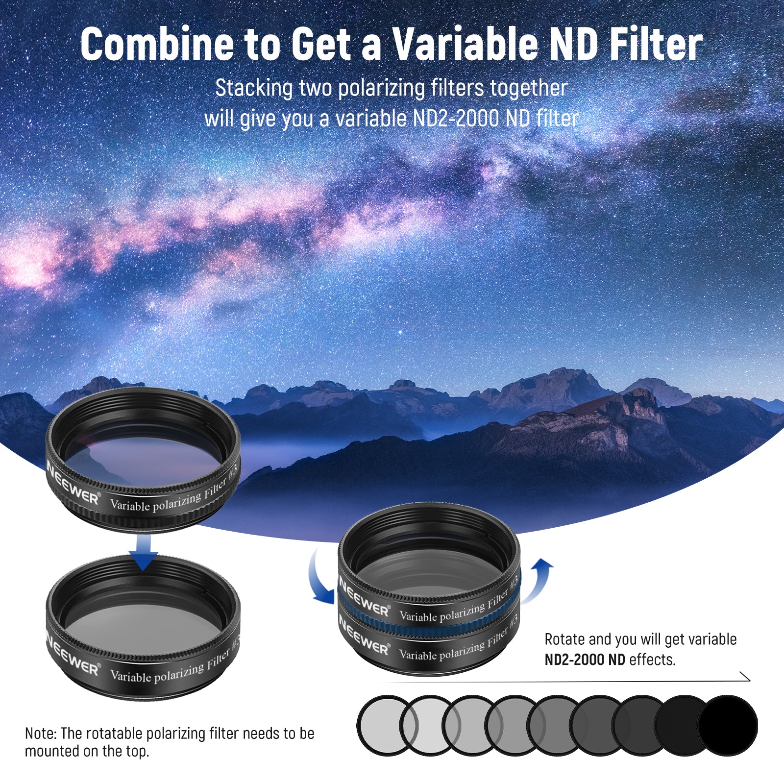 Stacking two polarizing filters together will give you a variable ND2-2000 ND filter
