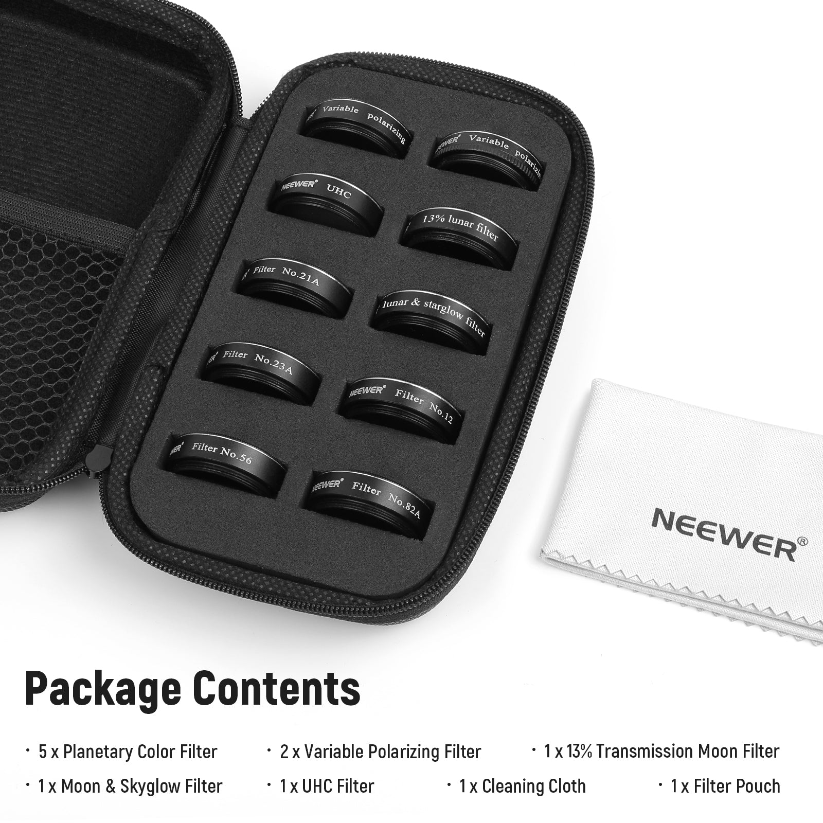 Package Contents of the NEEWER 1.25” Telescope Eyepiece Filter Set