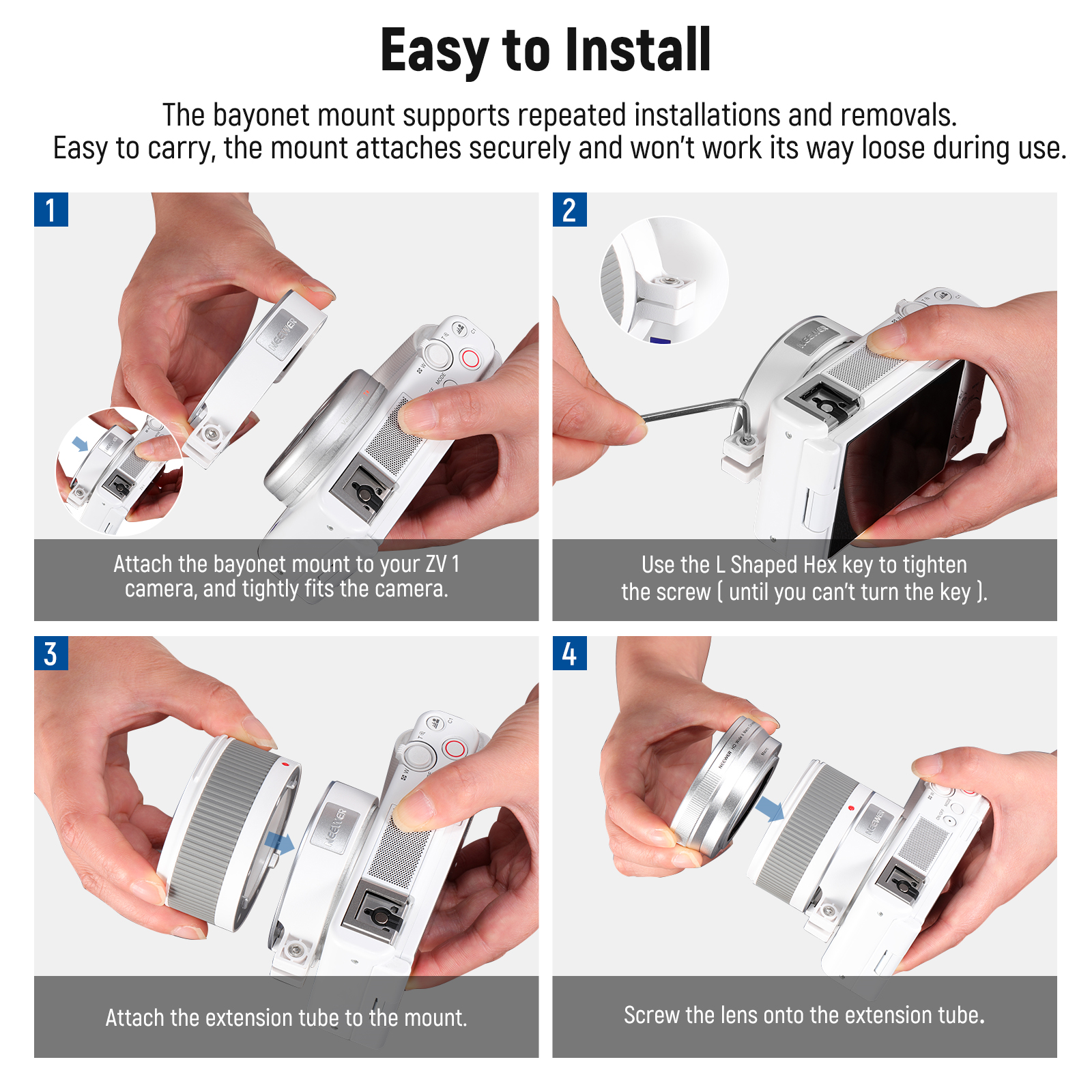 NEEWER 2-in-1 Wide Angle&10x Macro Lens for Sony ZV-1 is easy to install.