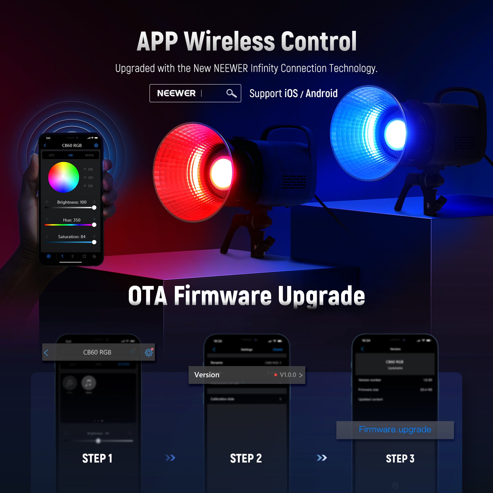 NEEWER CB60 RGB 70W LED Video Light can be controlled by the APP