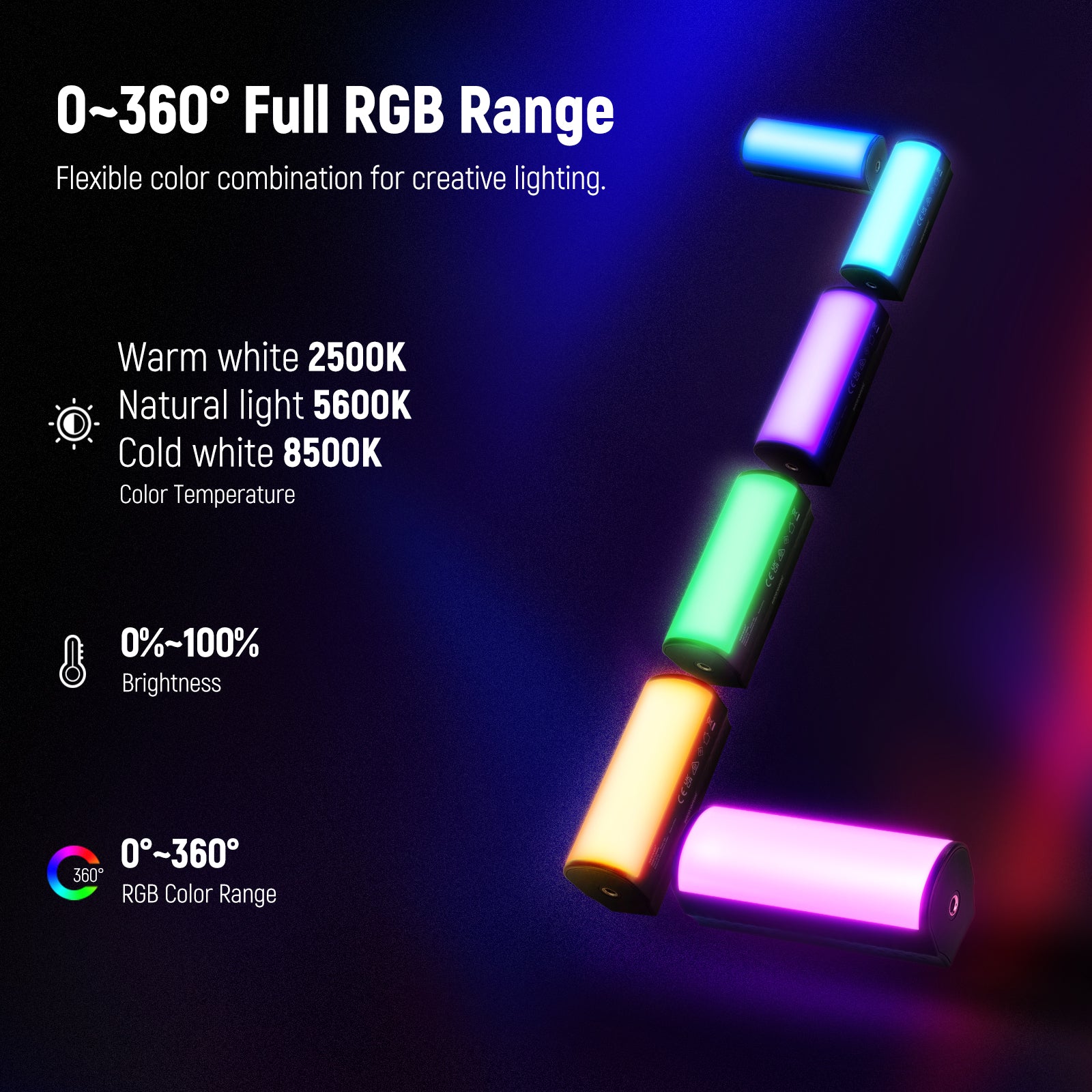The free combination of different colored beads provides light with a 0~360° full RGB range