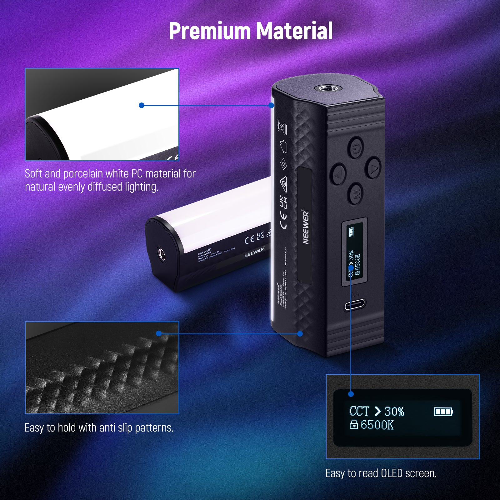 This travel-size LED light is designed with three modes: bi-color CCT mode, colored HSI mode, and FX scenes.