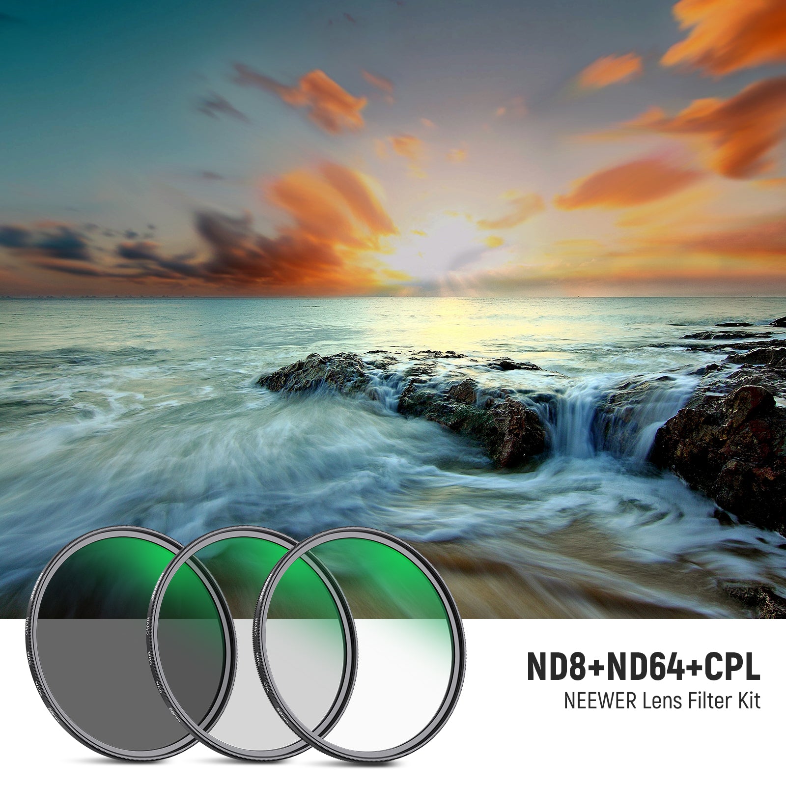 This camera lens filter set includes two neutral density filters (ND8/ND64), a CPL filter, and a filter bag.