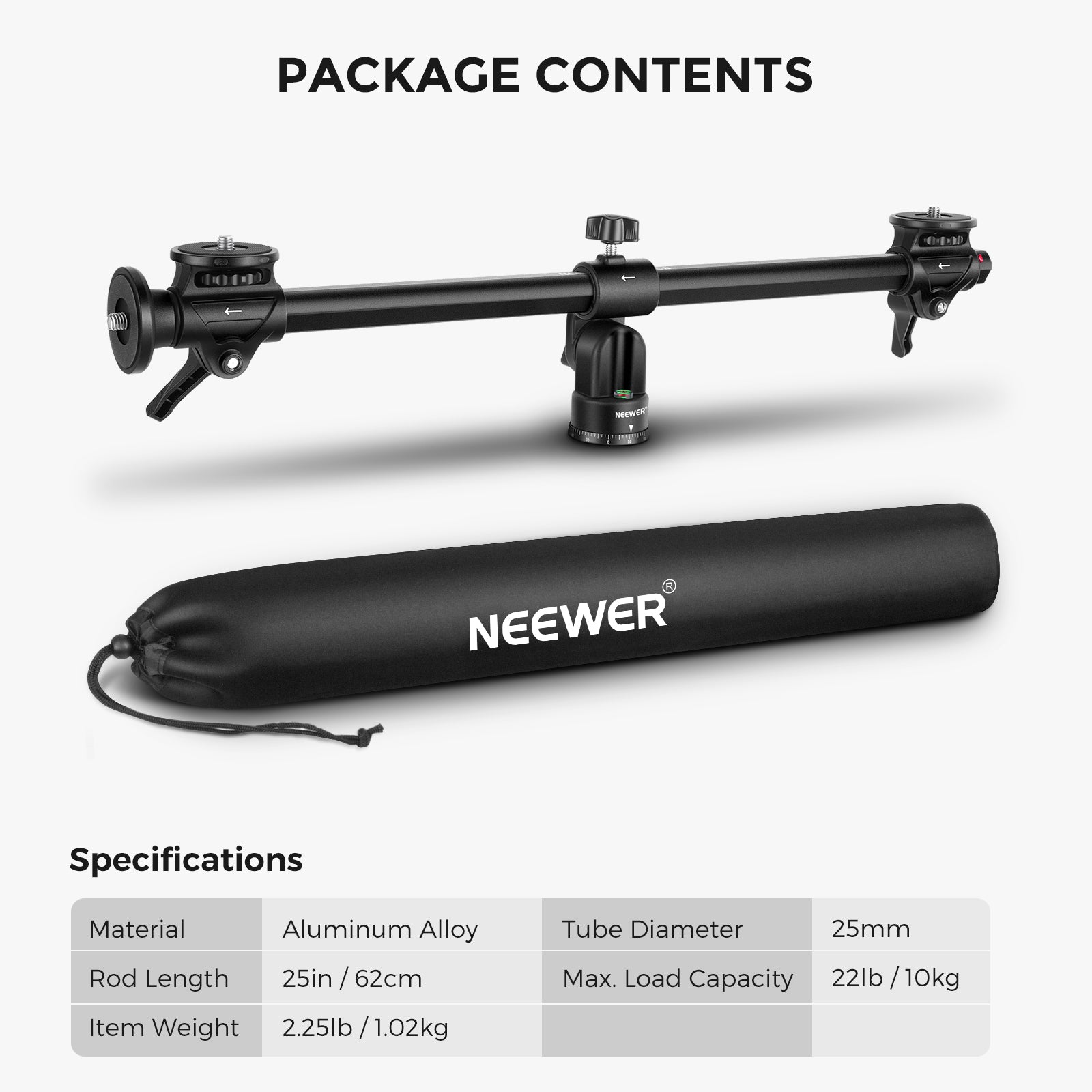 Package Contents of the NEEWER Horizontal Tripod Center Axis
