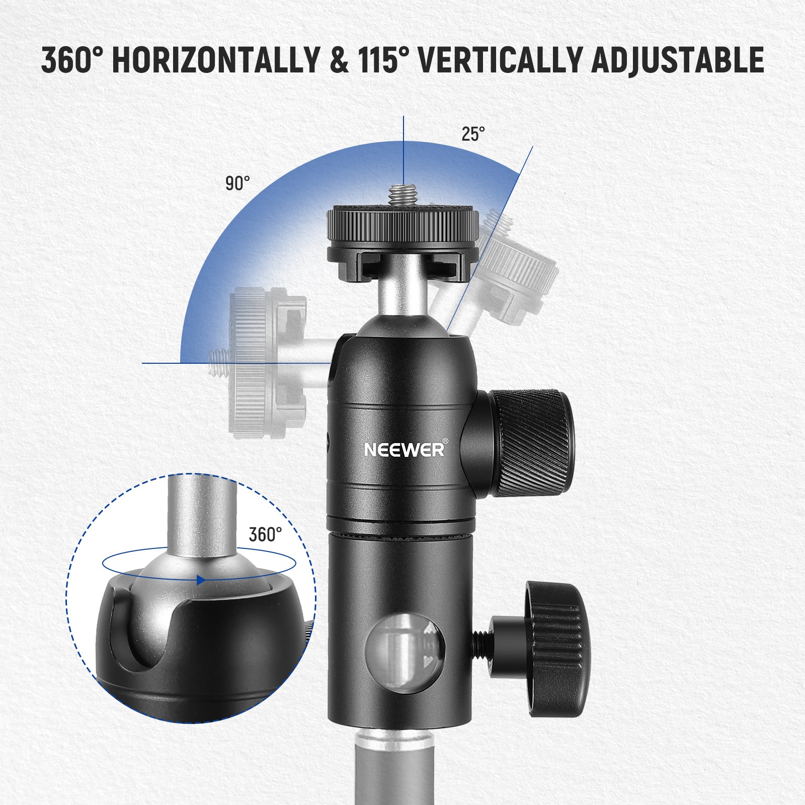 Featuring 360° full rotation and 90° tilt movement, the mini ball head enables you to place a device at any angle