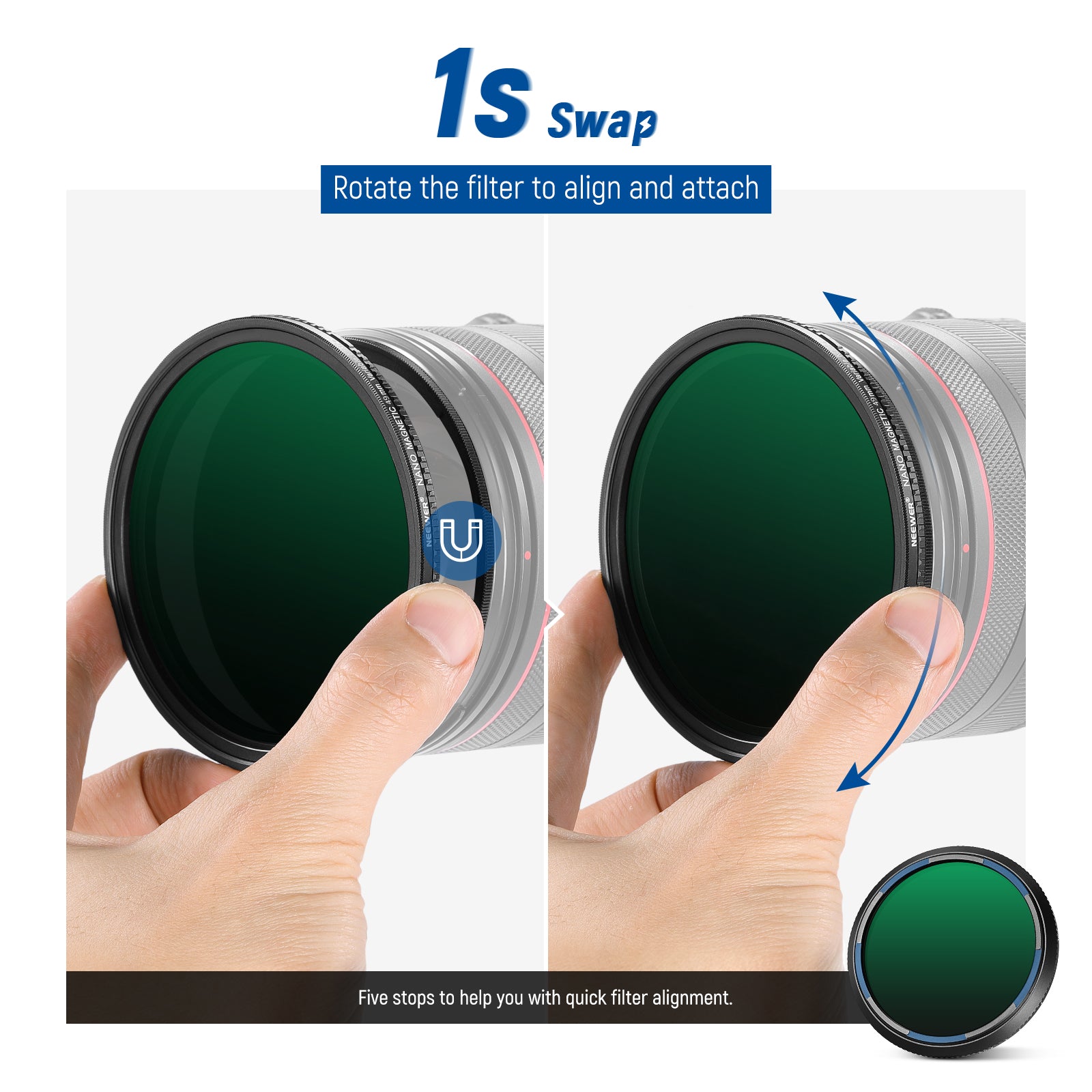 Simply rotate the filter frame to choose from ND2, ND4, ND8, ND16, or ND32 as indicated by the markers on the frame