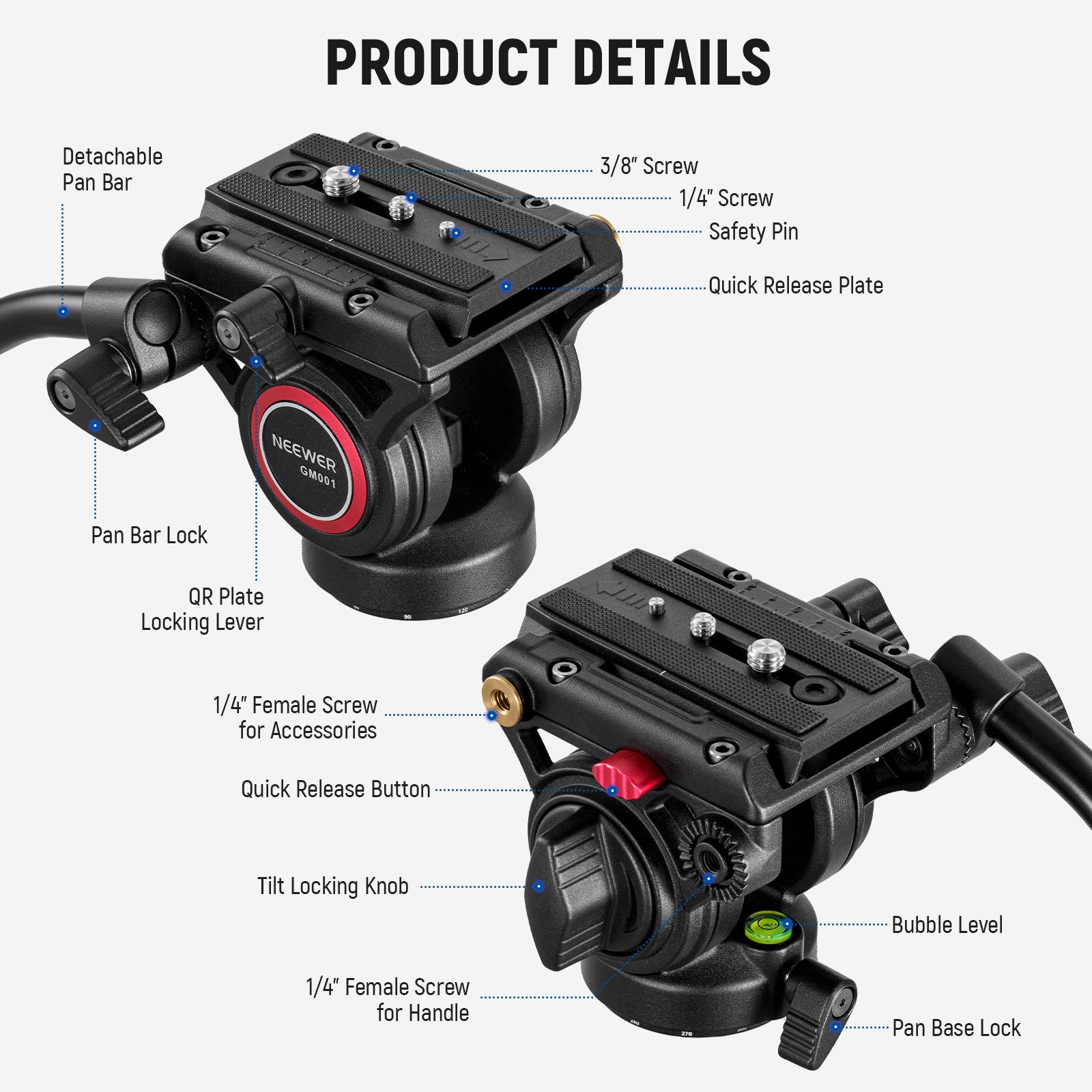 Product detail of the NEEWER GM001 Metal Heavy Duty Video Tripod Fluid Head