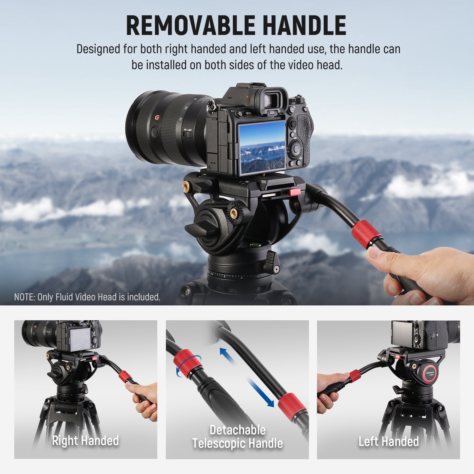 NEEWER GM002 Heavy Duty Video Tripod Fluid Head kit includes a removable handle.