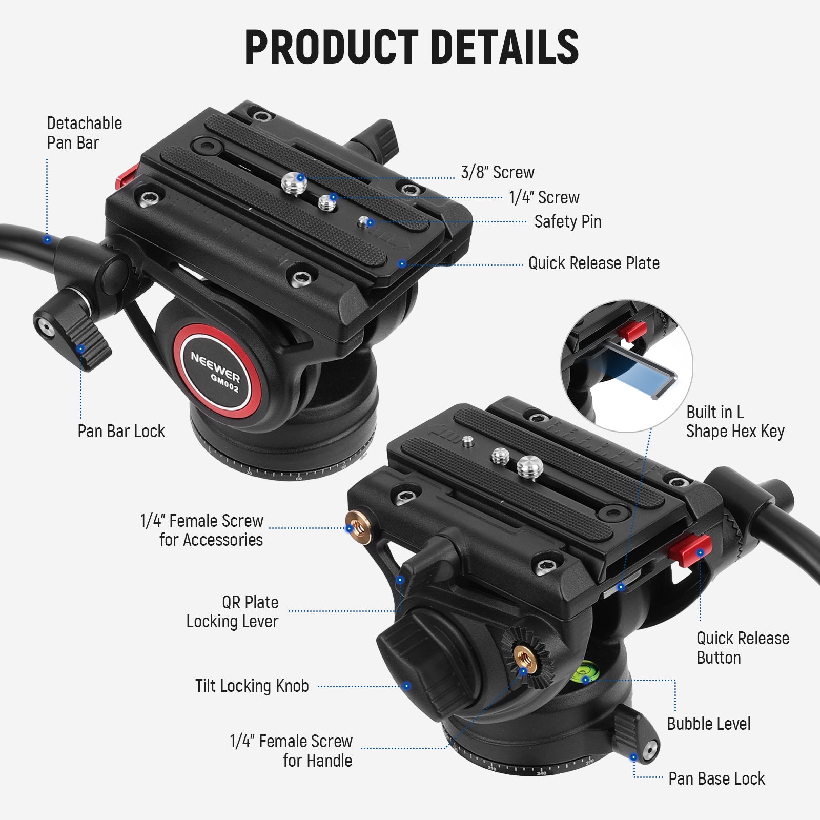 Product detail of the NEEWER GM002 Heavy Duty Video Tripod Fluid Head