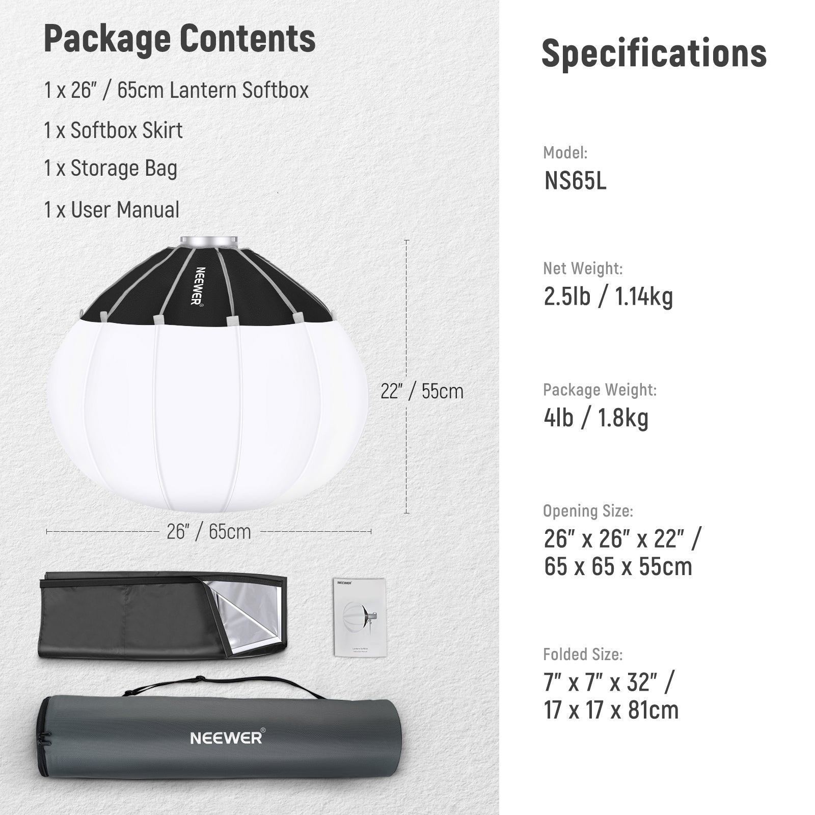 Package Contents of the NEEWER NS65L Lantern Softbox