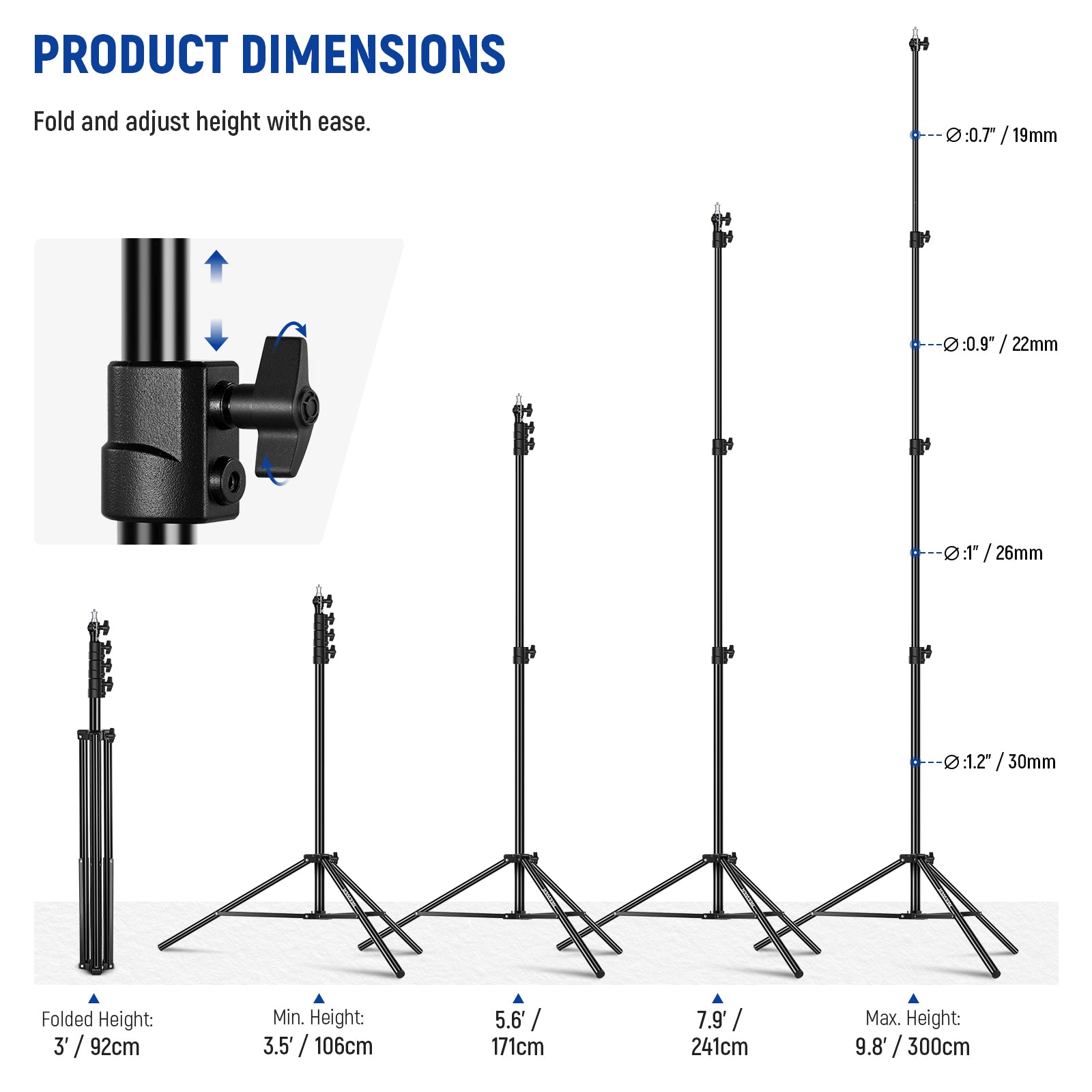 Product dimensions of the NEEWER 9.8ft/3m Air Cushioned Light Stand