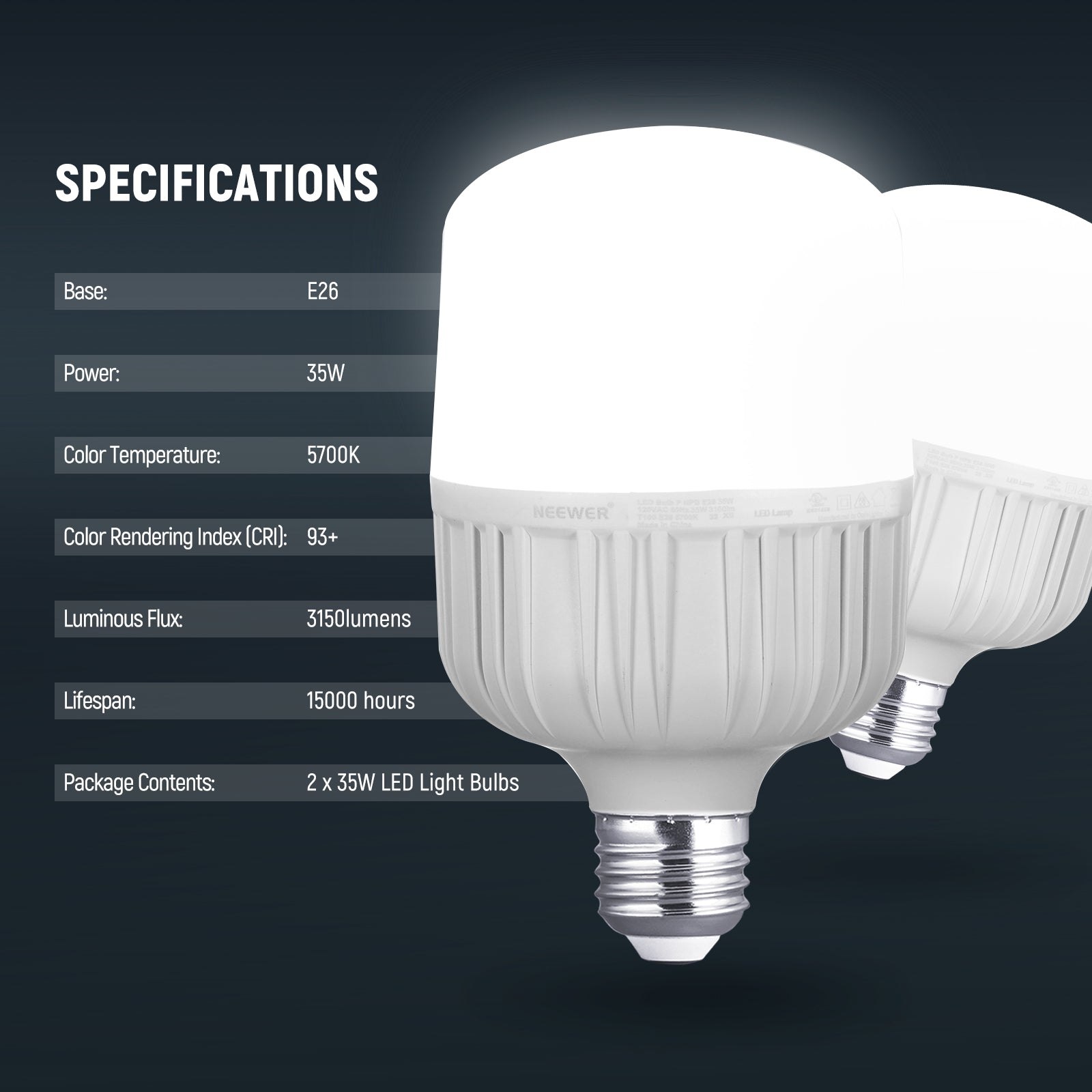 Specifications of the NEEWER E26 35W LED Light Bulbs