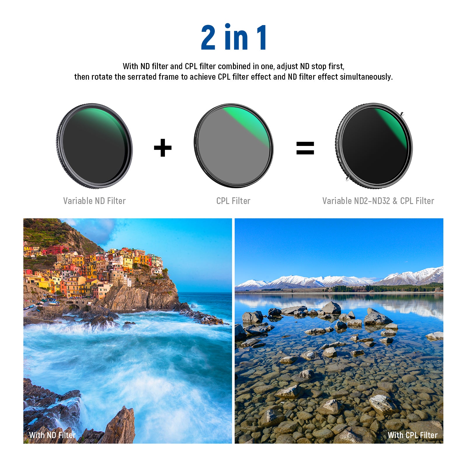 you can realize the functions of the ND filter and the CPL filter simultaneously.
