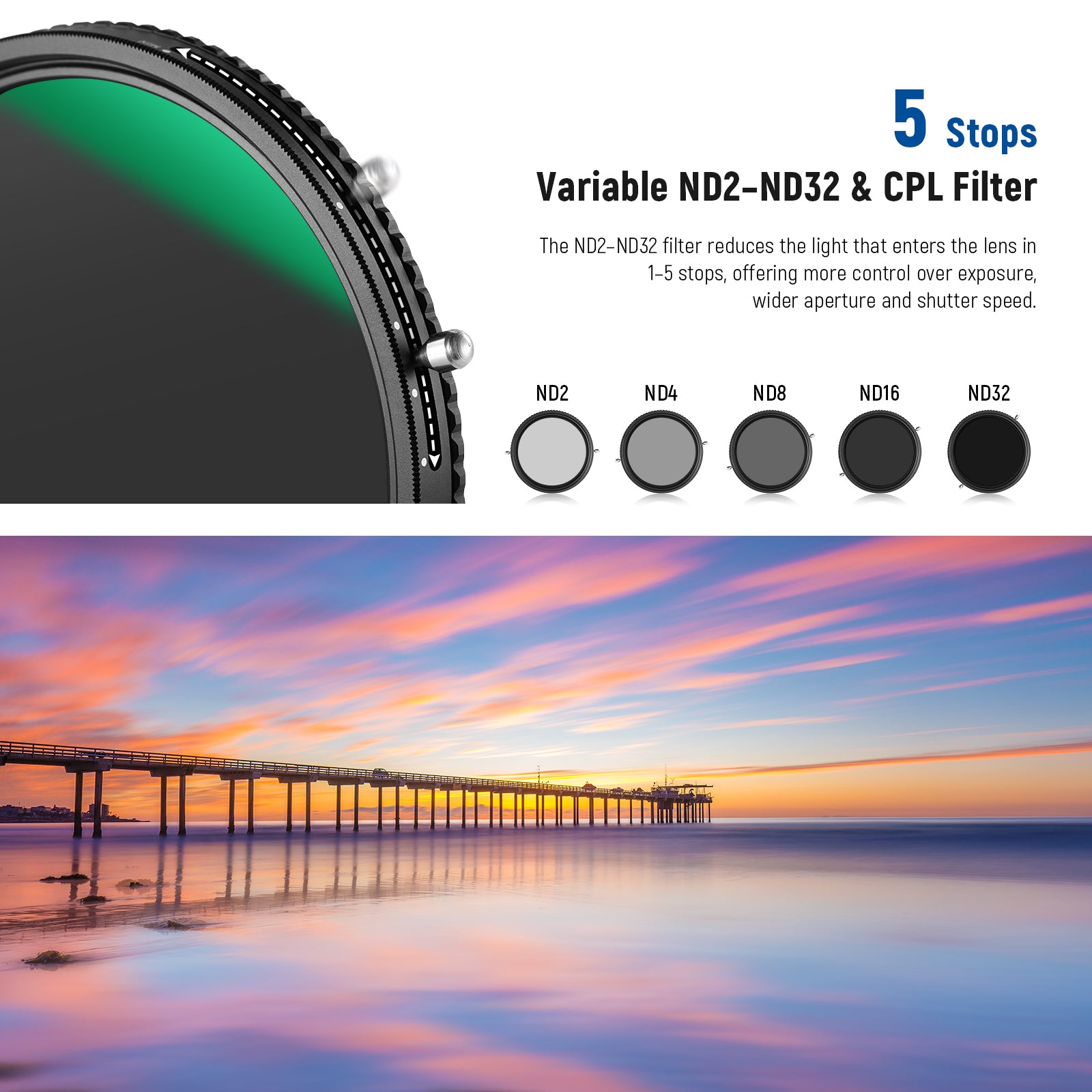 The variable neutral density filter reduces 1–5 stops of light