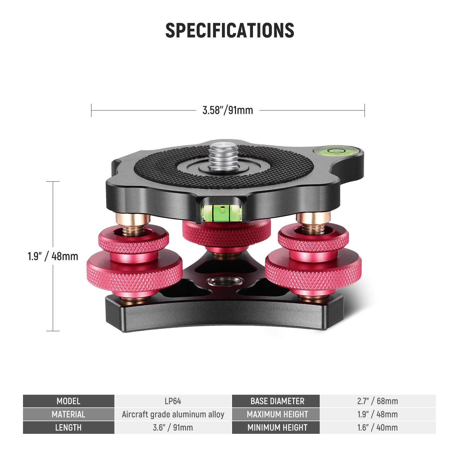 Specifications of the NEEWER LP64 Tripod Head Leveling Base Camera Leveler
