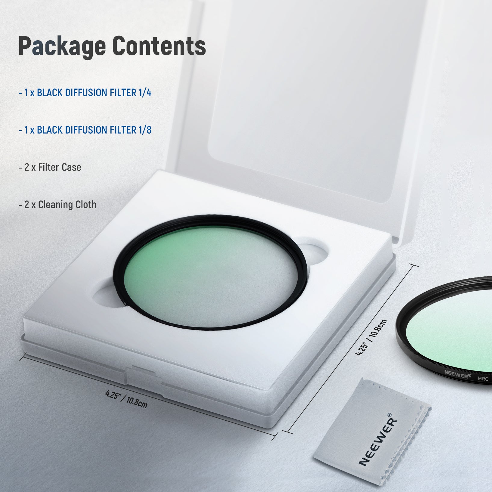 Package Contents of the NEEWER 1/4 & 1/8 Black Diffuser Lens Filter Kit