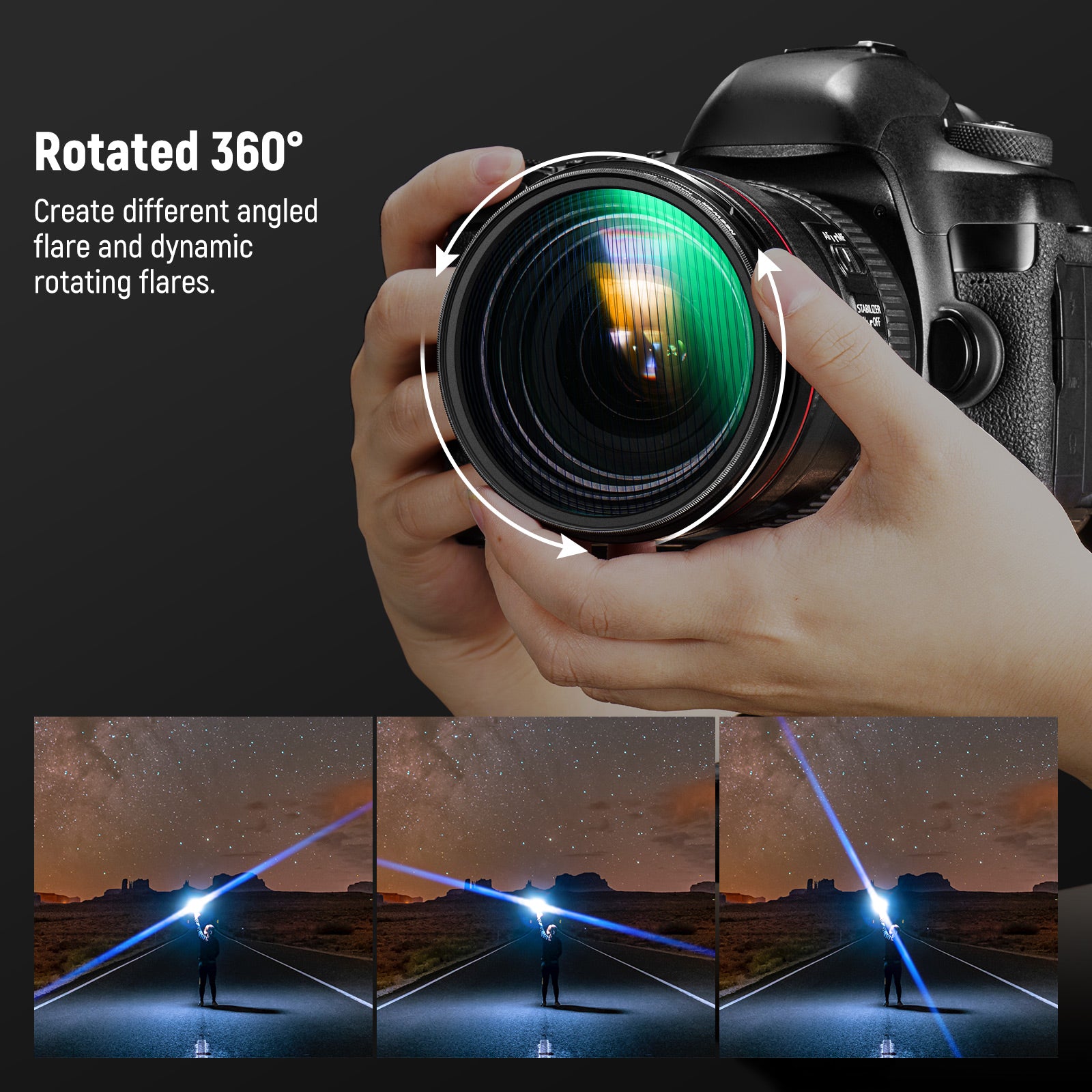 The blue streak filter can be rotated 360 degrees to create different angled flares