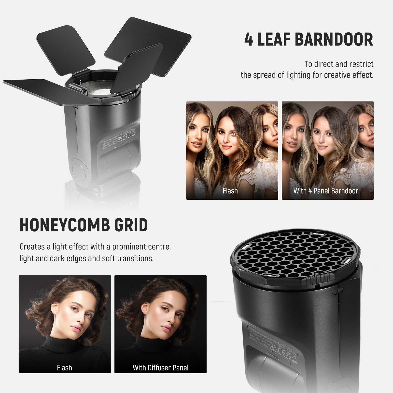 Use the four panel barndoor, honeycomb grid, and dome diffuser to control the spread of light.