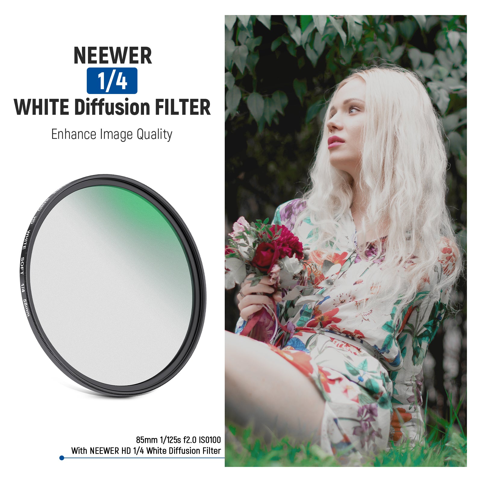 NEEWER Soft White Diffusion 1/4 Filter enhances image quality.