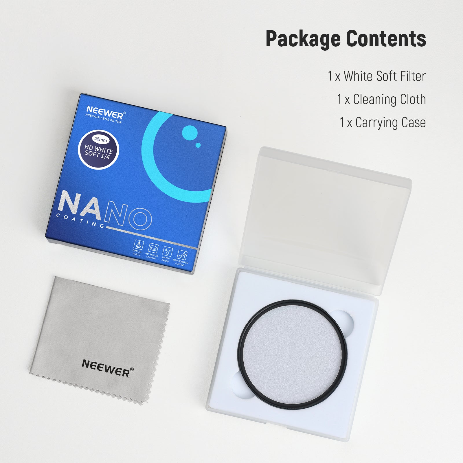 Package Contents of the NEEWER 58mm 1/4 Soft White Diffusion Filter