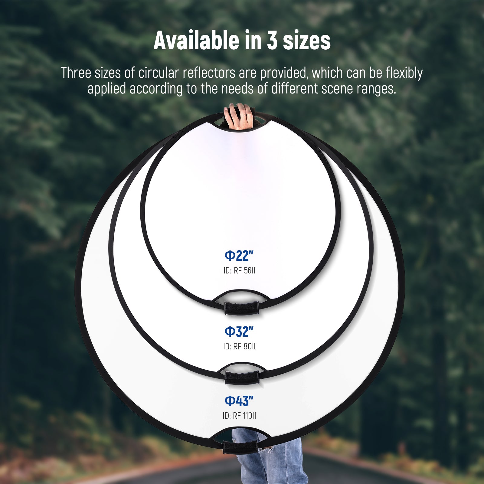 Three sizes of NEEWER RF-80II 5 in 1 Handheld Foldable Light Reflector are provided.