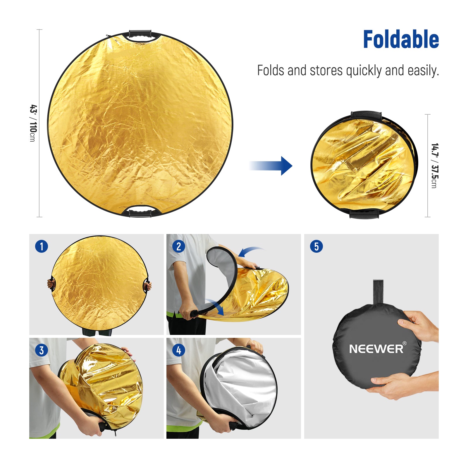 NEEWER RF-80II 5 in 1 Handheld Foldable Light Reflector Kit is easy to fold and store.