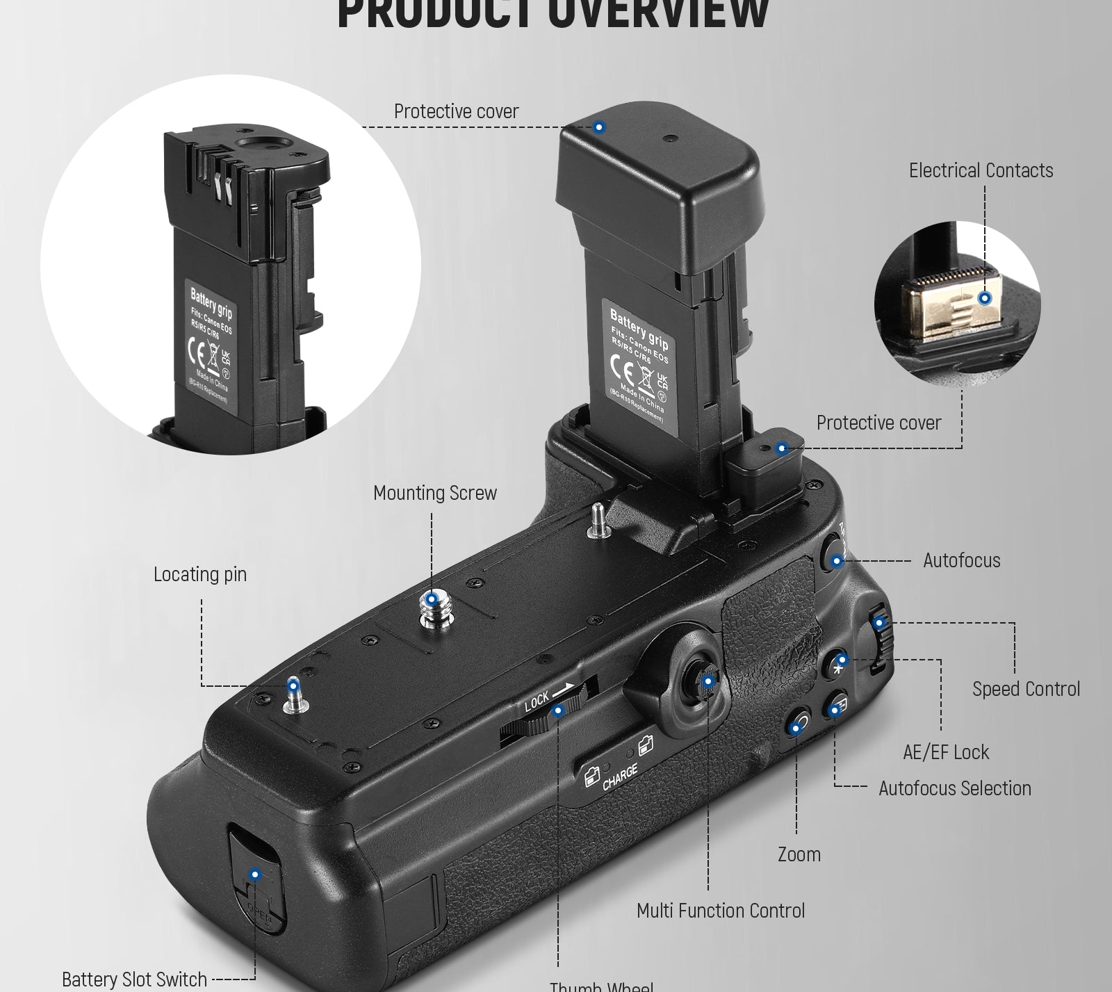 Product details of the NEEWER BG-R10 Battery Grip for Canon EOS R5/R5 C/R6/R6 Mark II