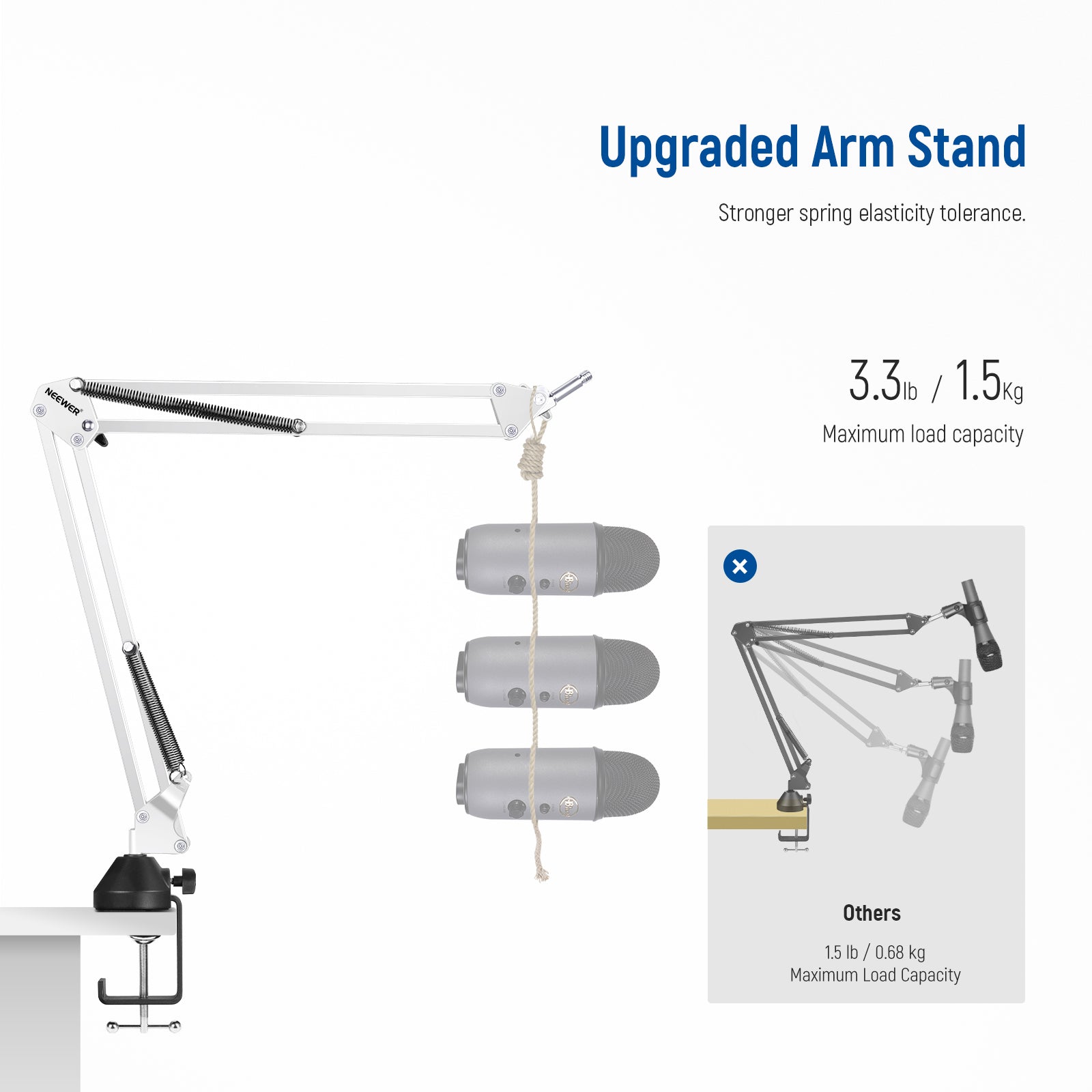 the boom arm is compact yet stable enough to support a load of up to 3.3lb