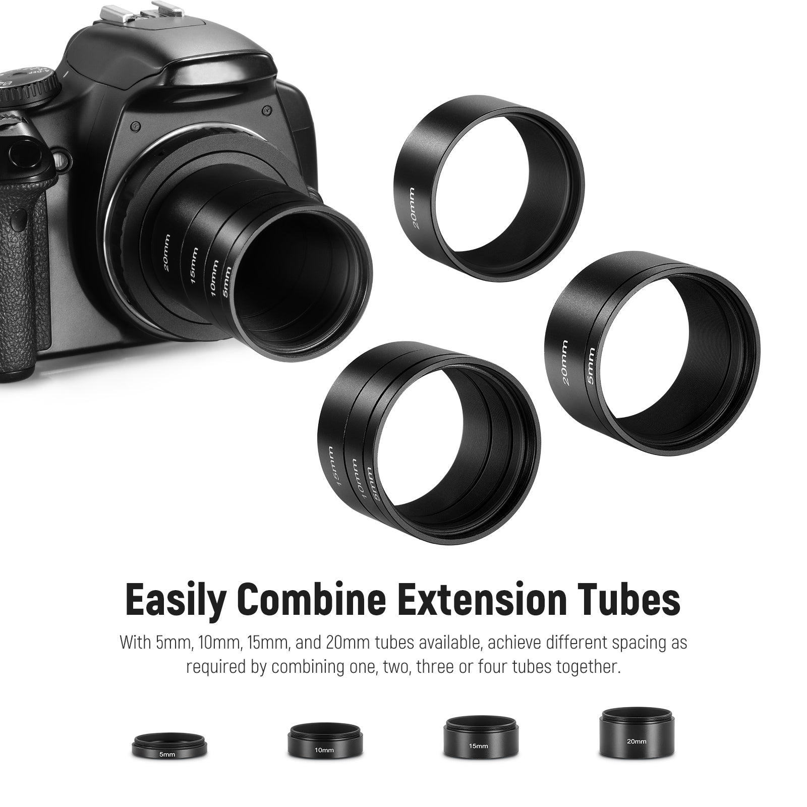 The set includes extension tubes of 4 lengths: 5mm, 10mm, 15mm, and 20mm.