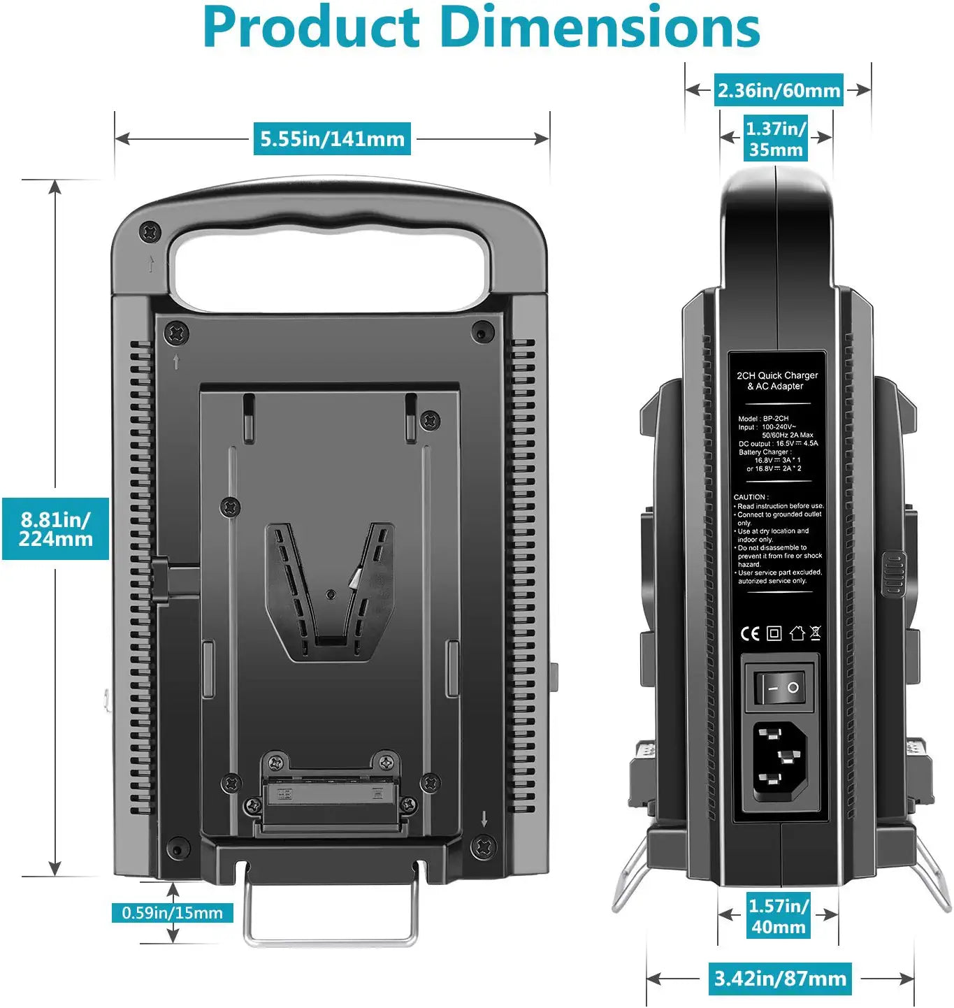 Product dimensions of the NEEWER NW-BP-2CH Dual Channel V Lock Battery Charger
