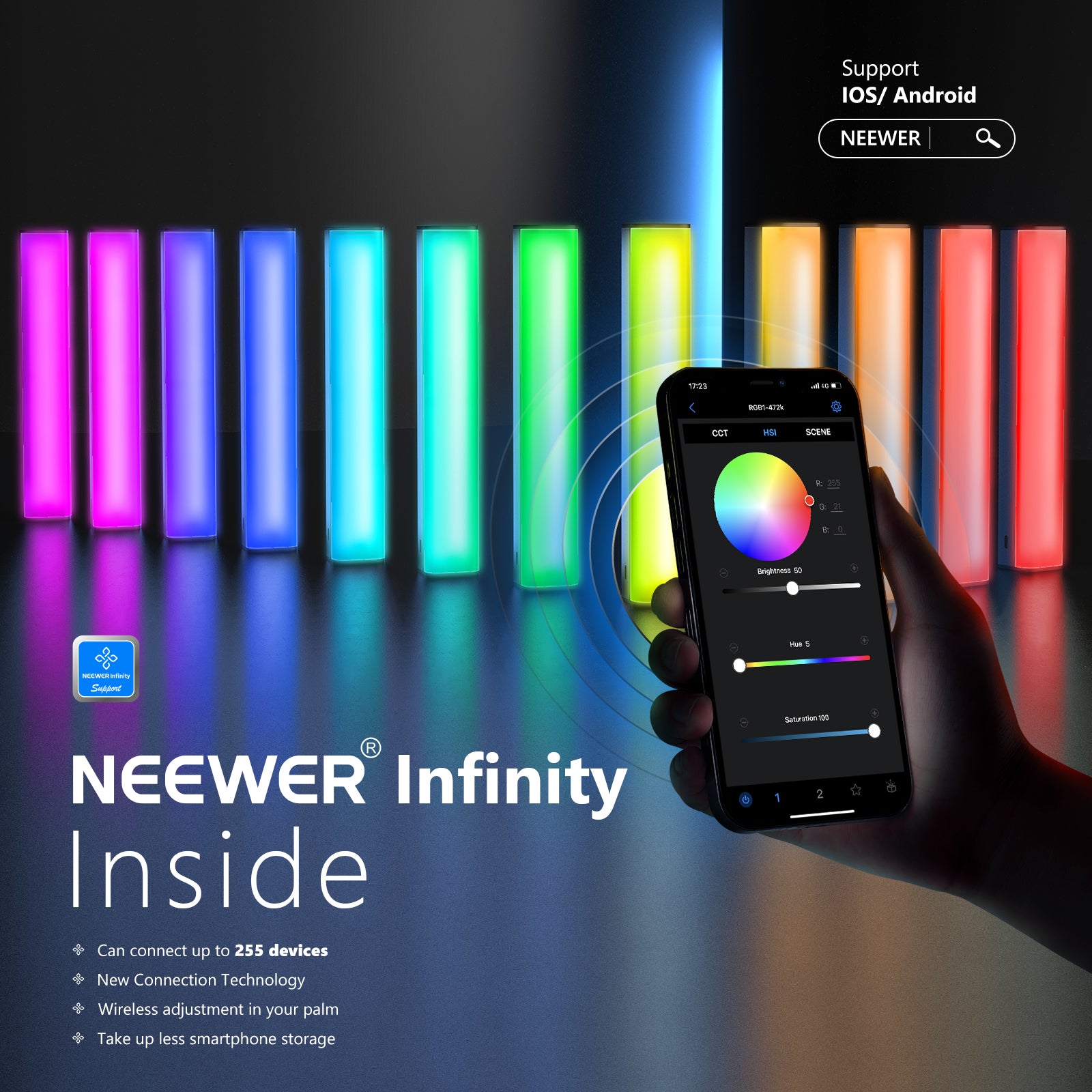 The “NEEWER” app lets you wirelessly operate this RGB video light